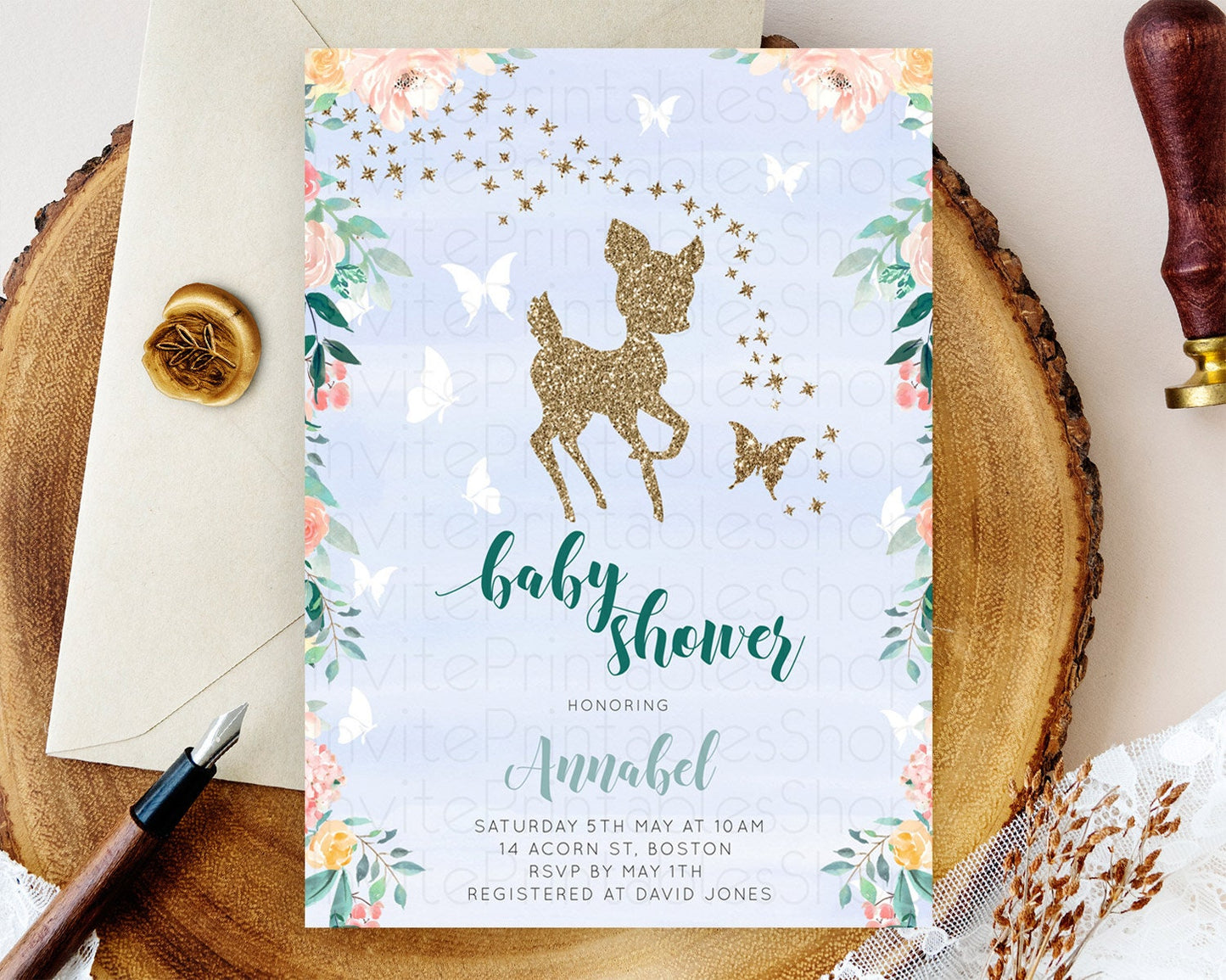 Fawn Baby Shower Invitation Deer Baby Shower Invites Enchanted Forest Theme Butterfly Pastel Flowers Whimsical Baby Shower D10875