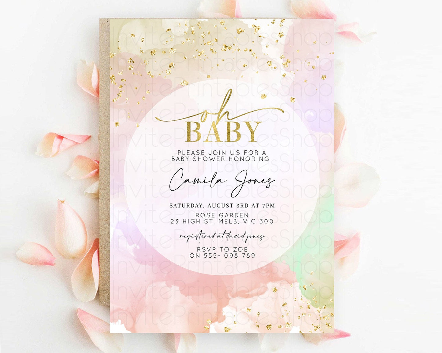 Pastel Rainbow Baby Shower Invitation, Colorful Watercolor with Gold Glitter Sprinkles and Ombre Clouds in Pink, Gold, and Green D10627