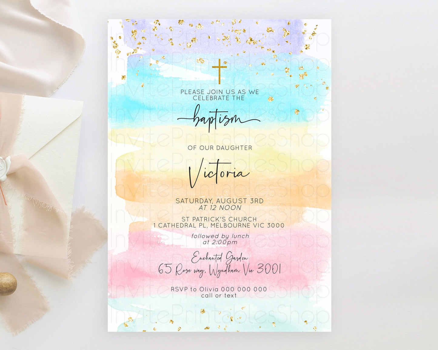 Pastel Baptism Invitation Pastel Colors Watercolor Baptism 1st Birthday Party Gold Ombre Pastel Rainbow Christening Holy Communion D10505