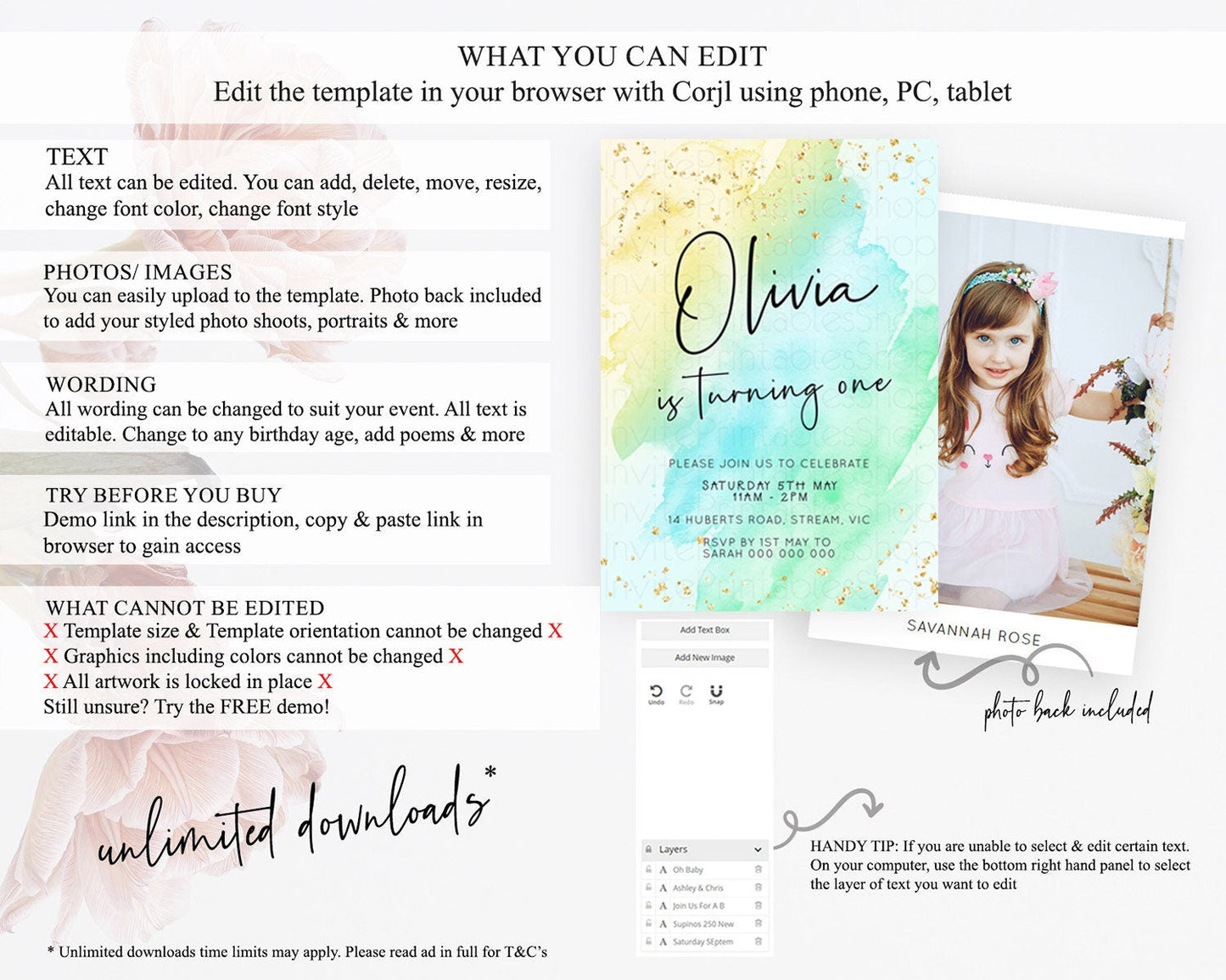 Pastel Birthday Invitation Ombre Watercolor Birthday Invitation Glitter Rainbow Color Splash 1st 2nd 3rd Birthday Invitation D23058