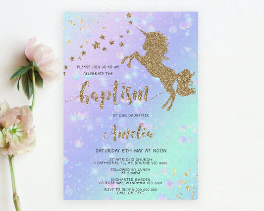 Unicorn Rainbow Baptism Invitation Pastel Baptism Birthday Invitation Magical Ombre Christening Invite Colorful Watercolor Glitter D10951