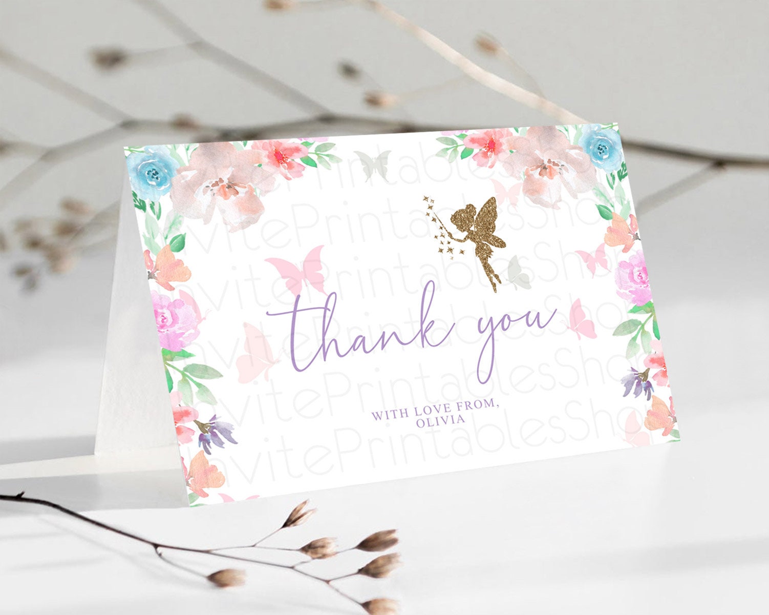 Editable Fairy Thank You Fairy Thank You Card Enchanted Garden Pastel Butter