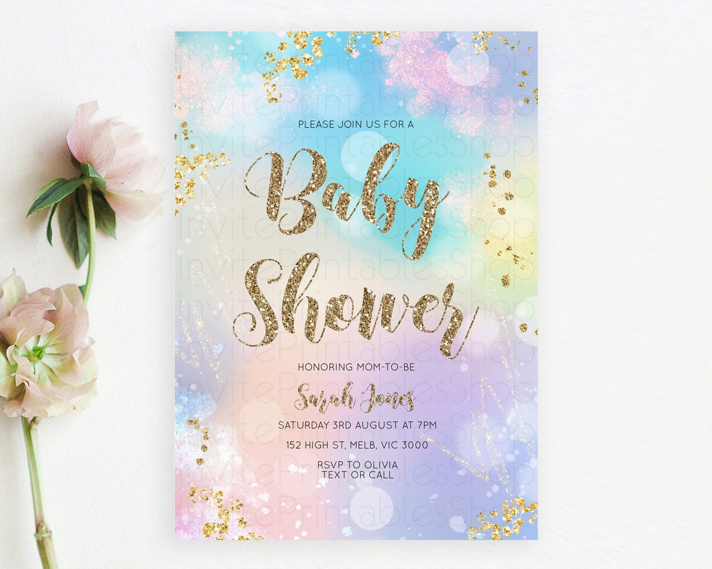 Pastel Rainbow Baby Shower Invitation, Pastel Watercolor with Iridescent & Gold Glitter Sprinkles - Colorful Blue, Purple, Yellow D10677
