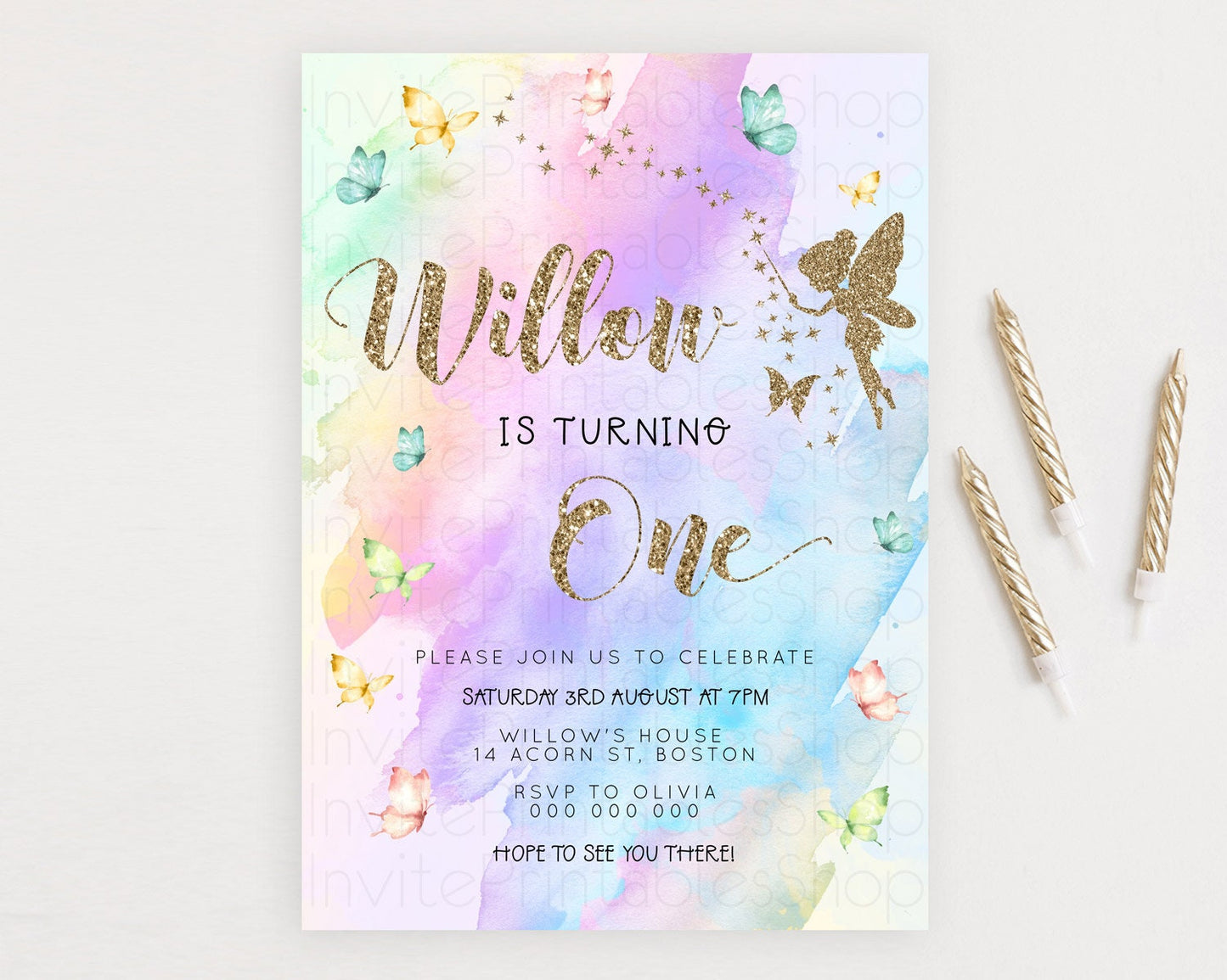 Pastel Fairy Birthday Invitation Pastel Butterflies Fairy Birthday Invitation Rainbow Ombre Watercolor 1st 2nd Birthday Invitation D23342