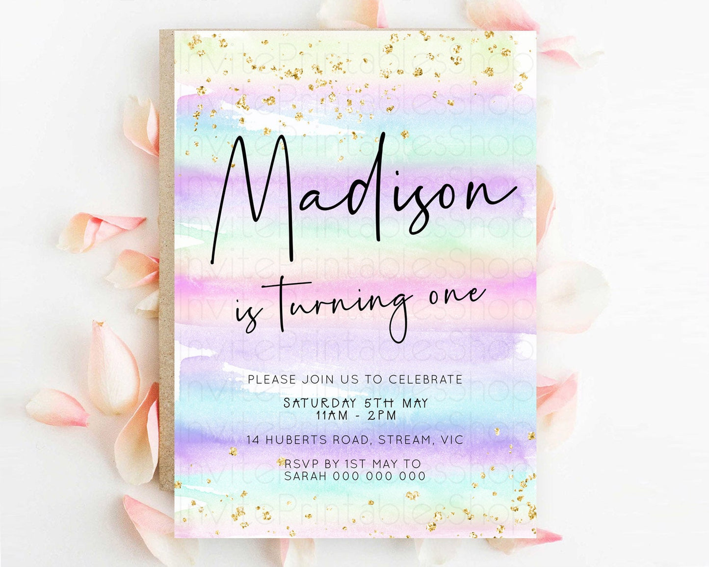 Pastel Birthday Invitation Ombre Watercolor Birthday Invitation Glitter Rainbow Color Splash 1st 2nd 3rd Birthday Invitation D23032