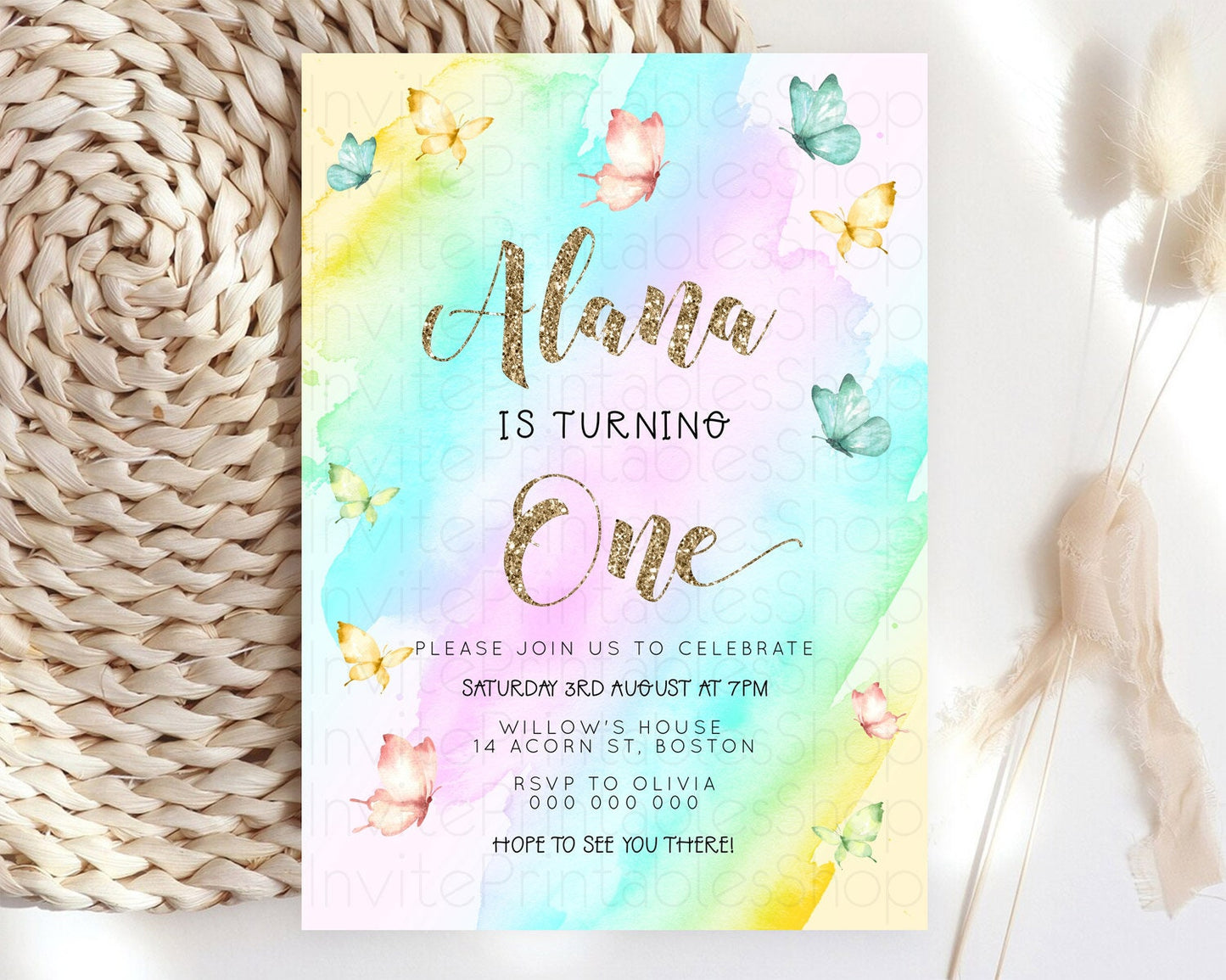 Pastel Butterfly Birthday Invitation Butterfly Birthday Invitation Colorful Splash Glitter Butterfly Garden 1st 2nd Birthday D23238