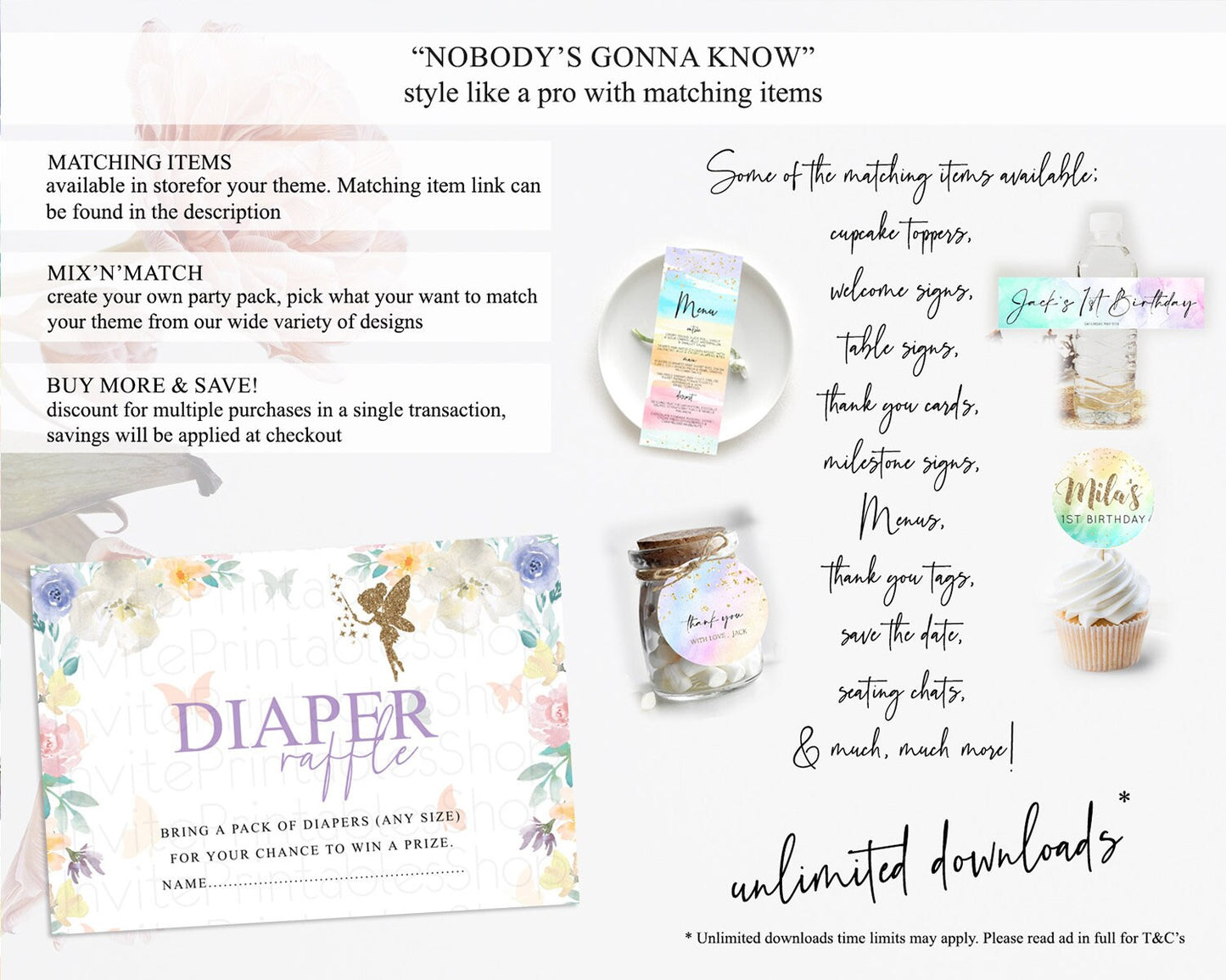 Fairy Diaper Raffle Card Fairy Diaper Insert Enchanted Garden Fairy Diaper Ticket Pastel Floral Butterfly Secret Garden Raffle Game D10761