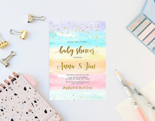 Rainbow Baby Shower Invitation Pastel Watercolor Invitation Colorful Splash Invite Gold Sprinkle Invite Gold Glitter Invite Confetti 525