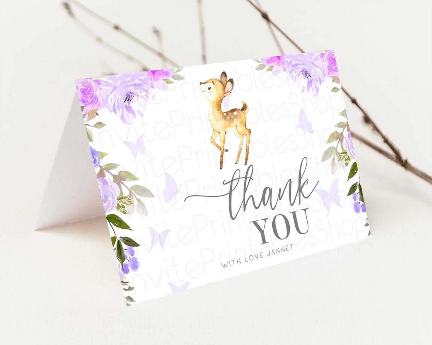 Fawn Thank You Deer Thank You Card Pastel Floral Deer Birthday Thank You Card Enchanted Forest Butterfly Deer Teacher Thank You Card D10916