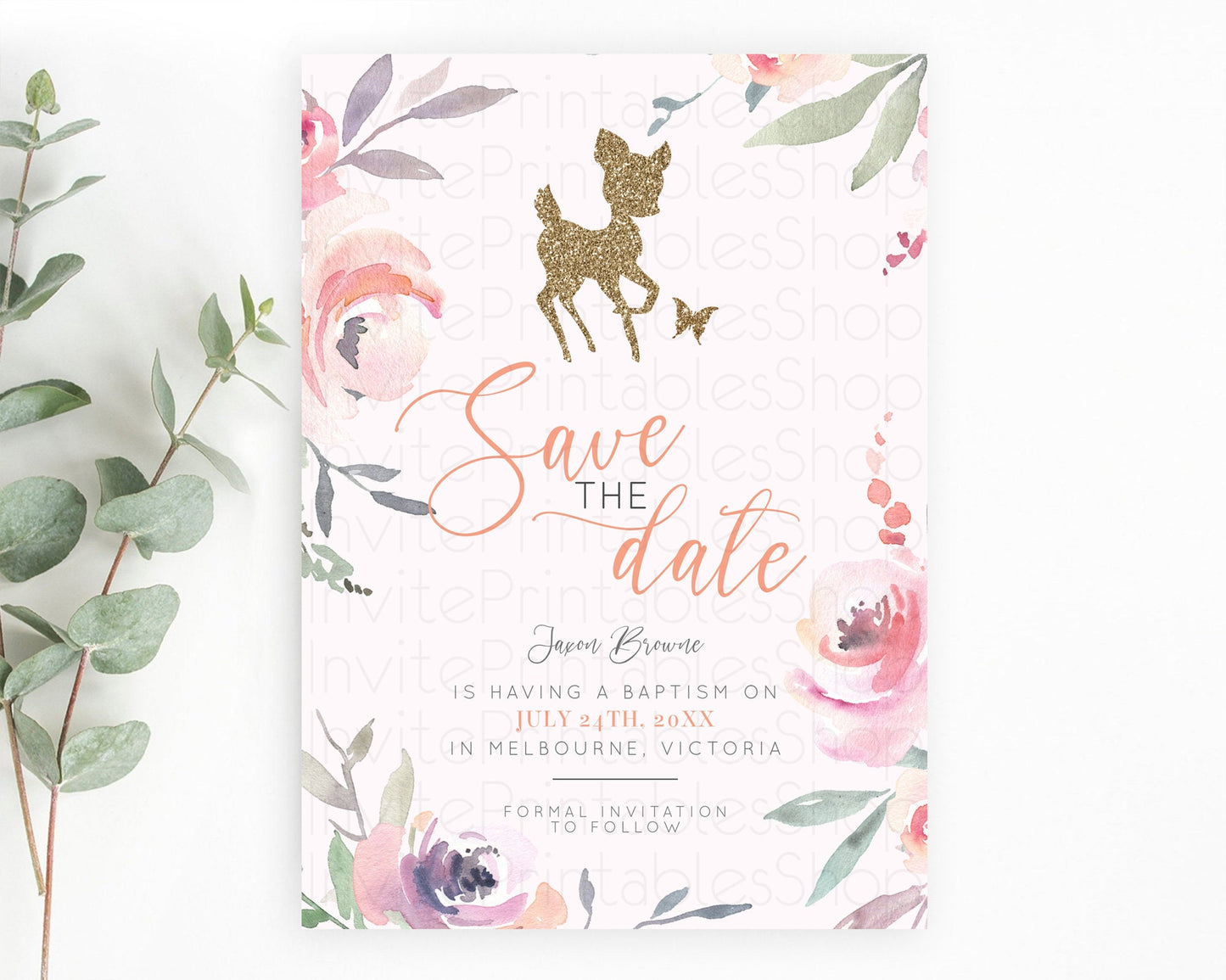 Fawn Deer Save The Date Template Pastel Floral Deer Enchanted Forest Butterfly Party 1st Birthday Baptism Baby Shower Bridal Shower D10196