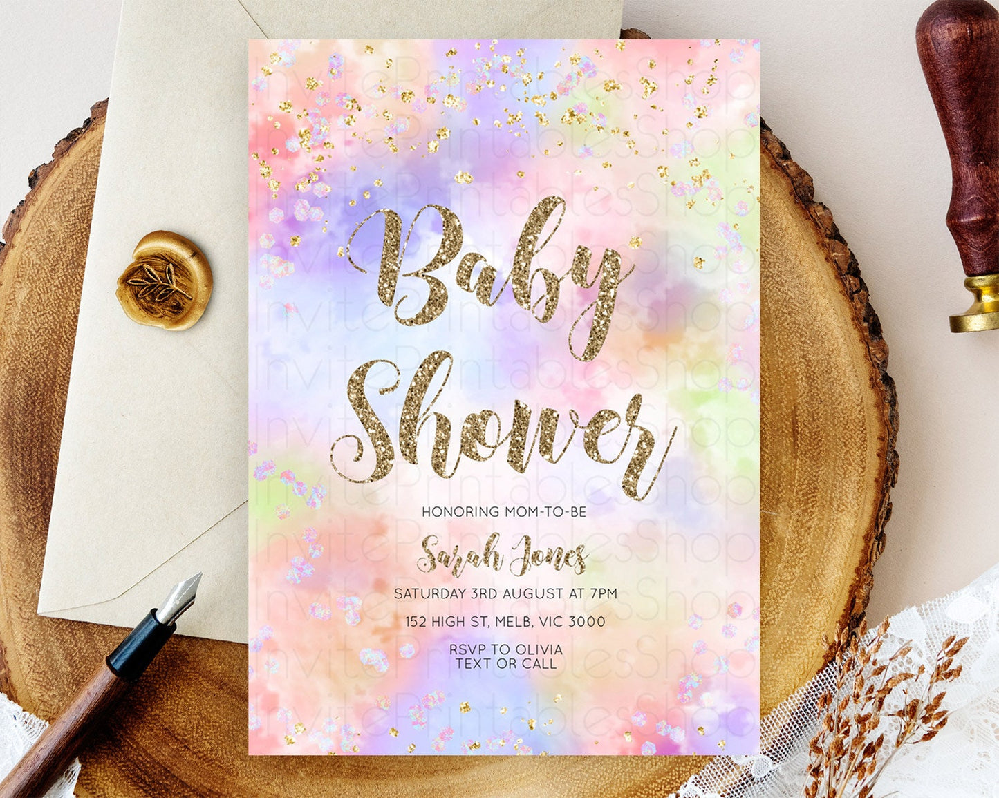 Pastel Baby Shower Invitation Rainbow Baby Shower Invitation Colorful Pastel Watercolor Invitation Gold Glitter Sprinkles Ombre D11019