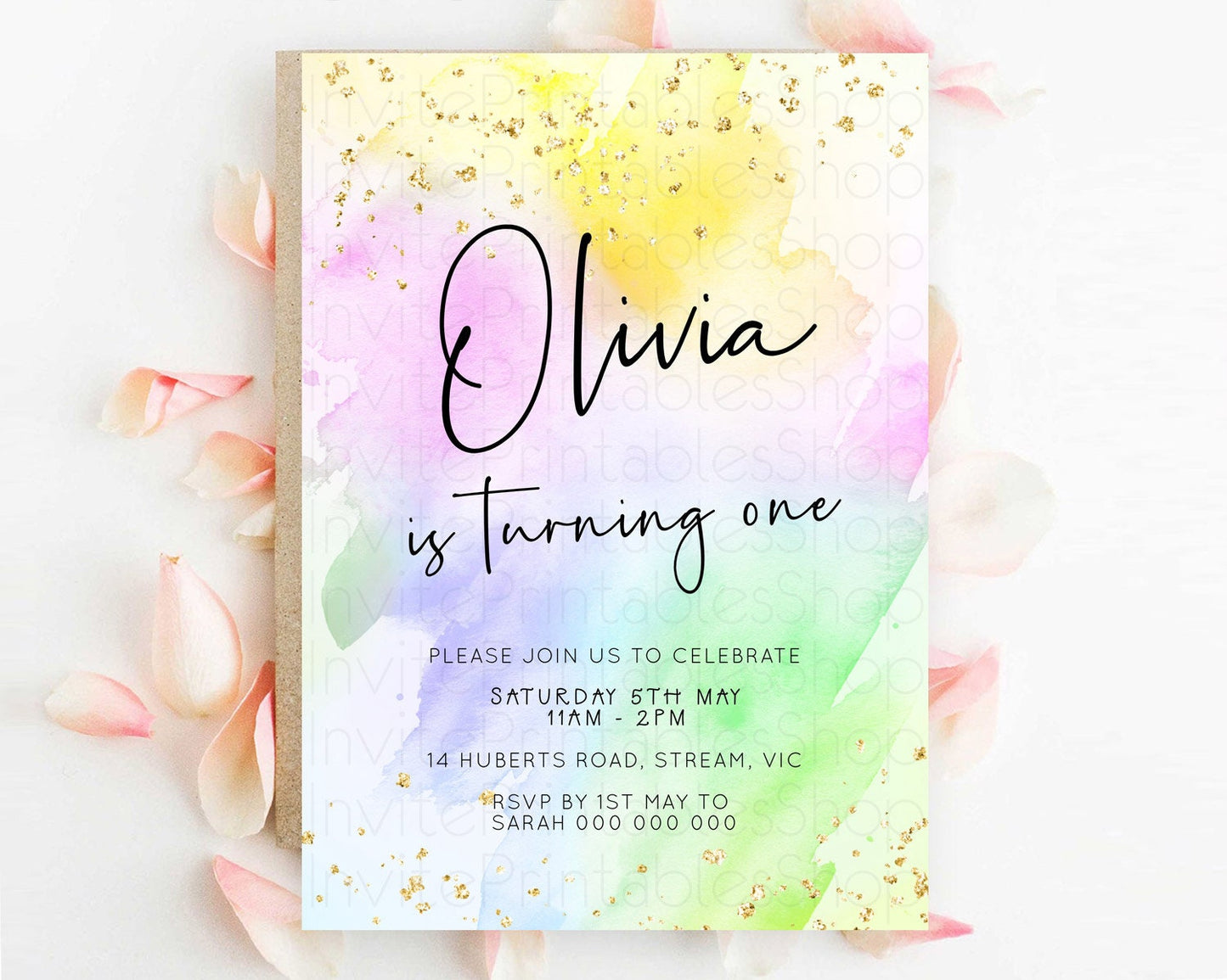 Pastel Birthday Invitation Ombre Watercolor Birthday Invitation Glitter Rainbow Color Splash 1st 2nd 3rd Birthday Invitation D23074