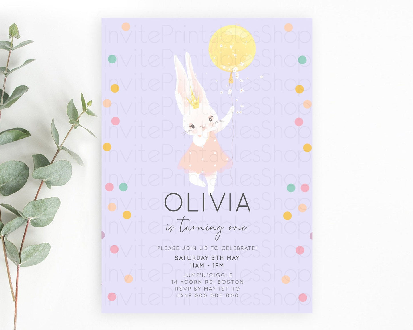 Bunny Birthday Invitation Pastel Bunny Invitation Bunny Balloon Invites Pastel Confetti Balloon Bunny Invites 2nd 1st First Birthday 199v2