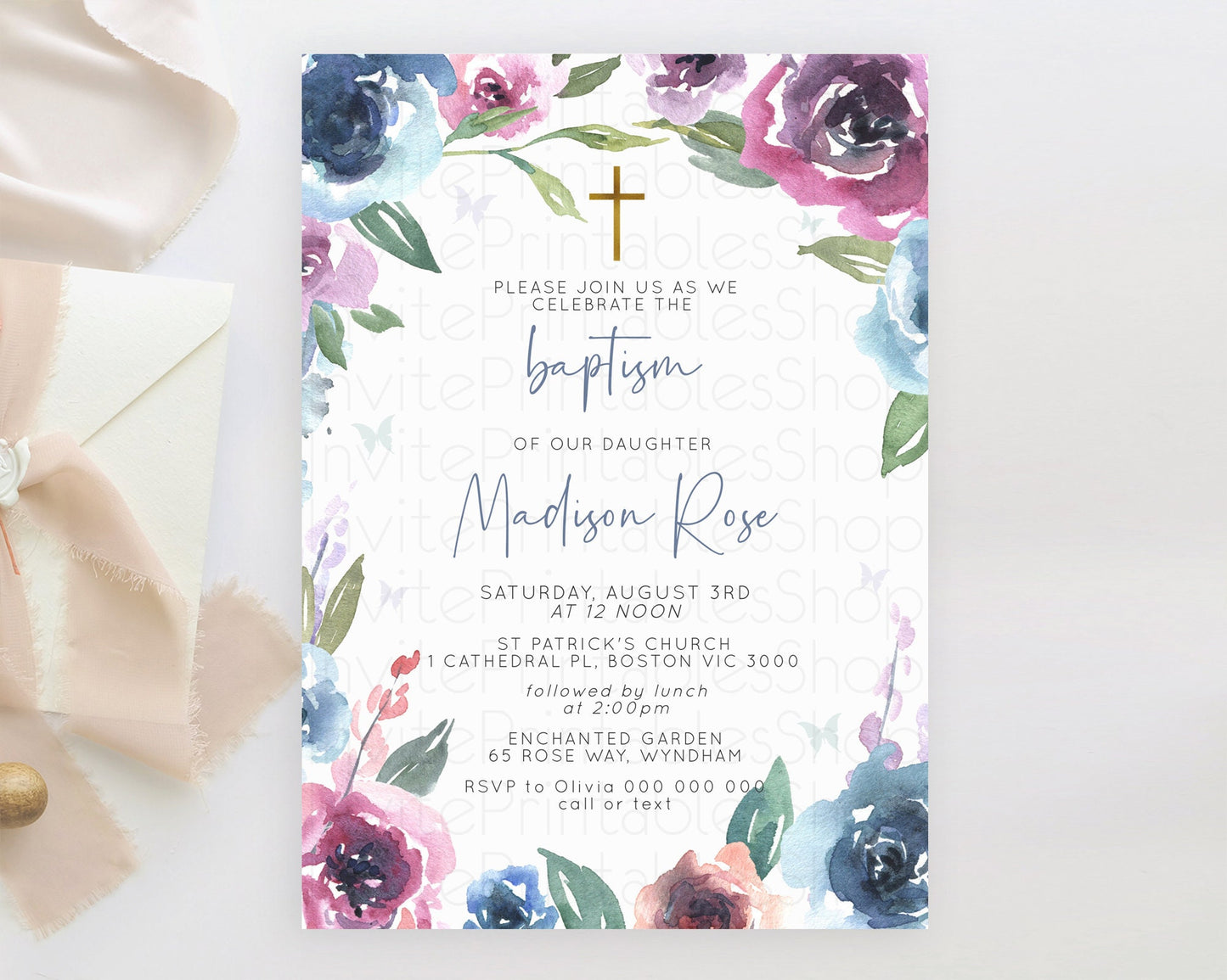 Secret Garden Baptism Invitation Wildflower Baptism Birthday Invite Pastel Flowers Christening Invite Enchanted Garden Boho Floral  D10780