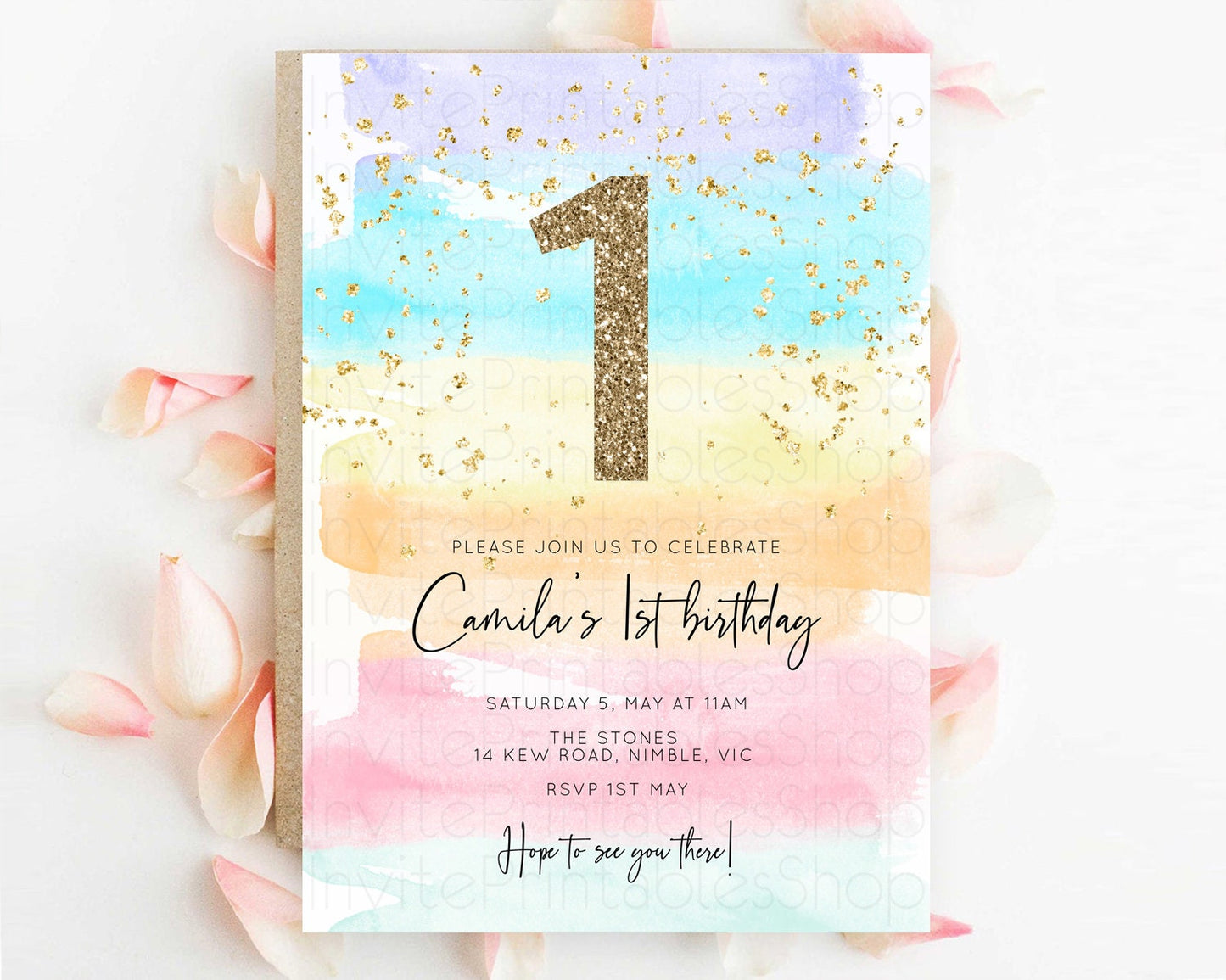 Rainbow Birthday Invitation Colorful Pastel Watercolor Invitation Gold Glitter Sprinkles Ombre Pastel 1st 2nd 3rd Birthday D10505