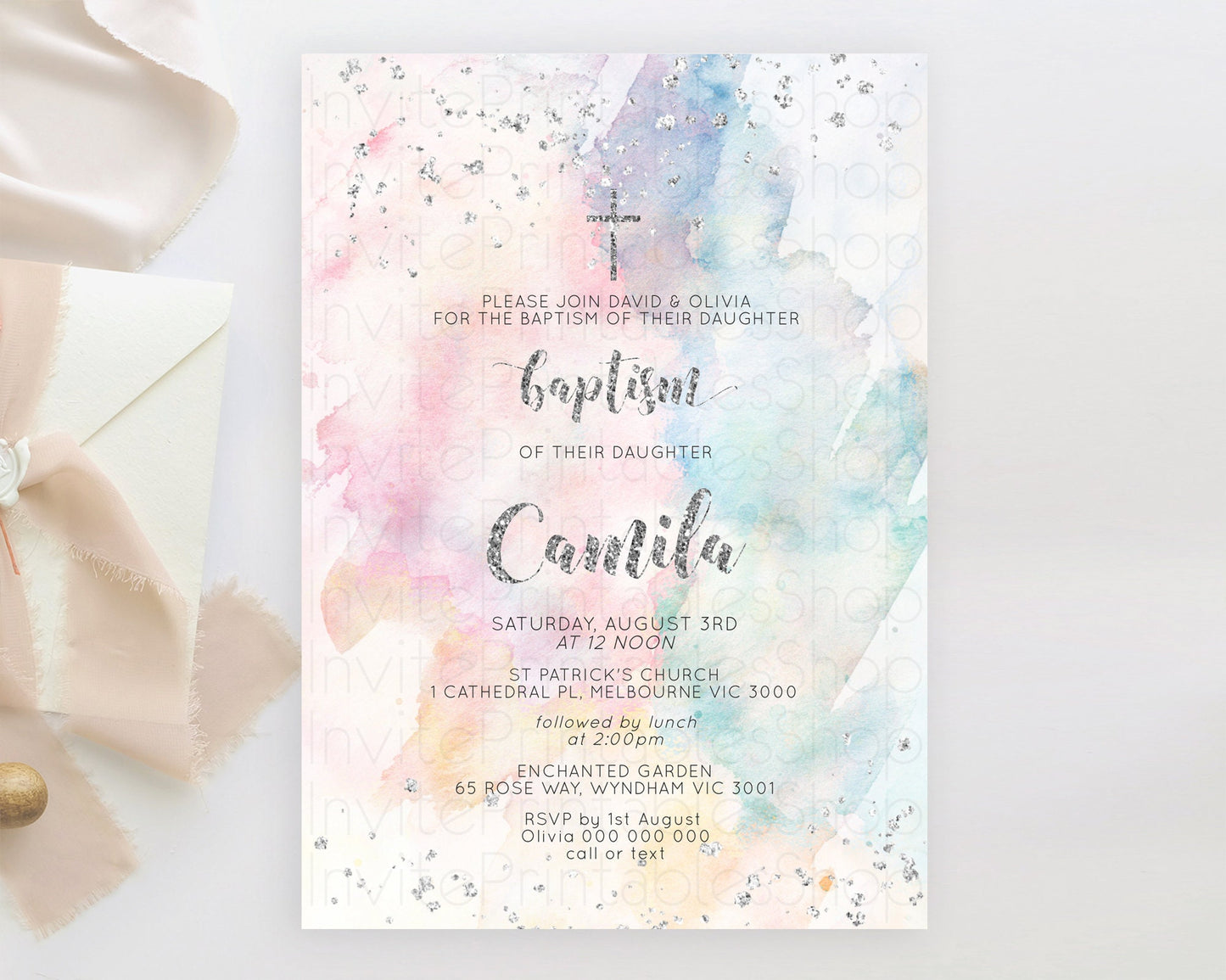 Rainbow Baptism Invitation Colorful Pastel Watercolor Baptism 1st Birthday Invitation Silver Glitter Ombre Christening Invitation D10944