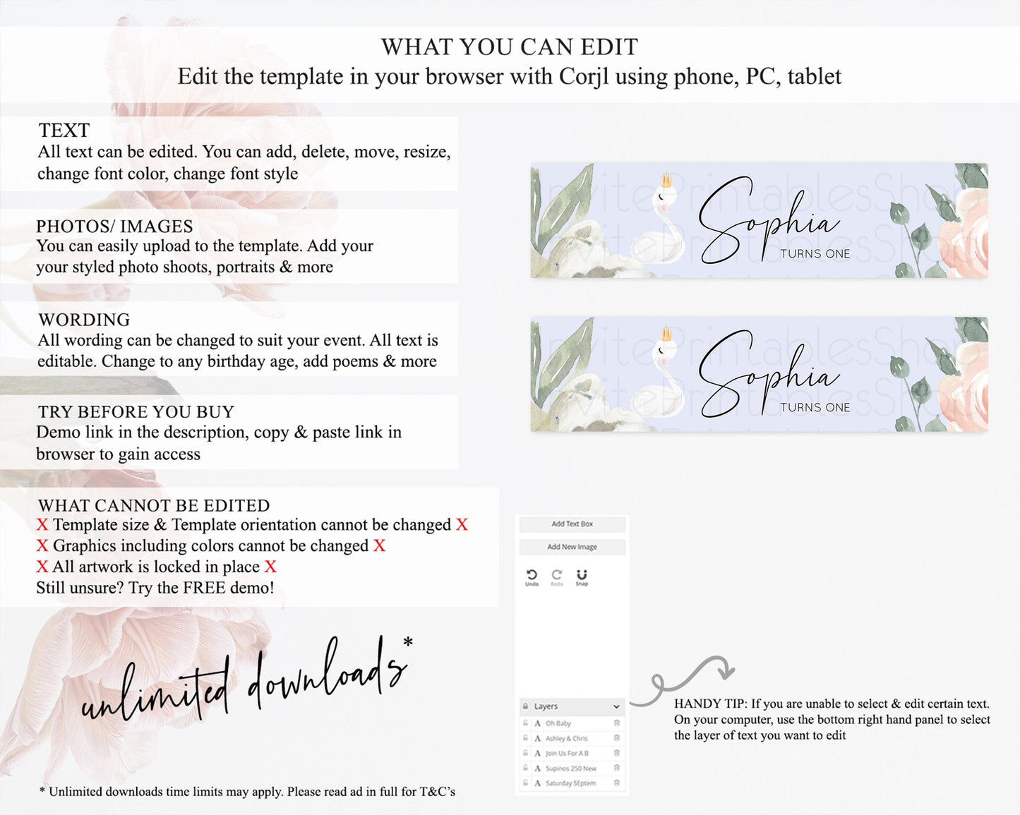 Swan Water Label Template Swan Princess Ballet Party Decor Enchanted Secret Garden Pastel Floral Birthday Baptism Baby Shower D10756