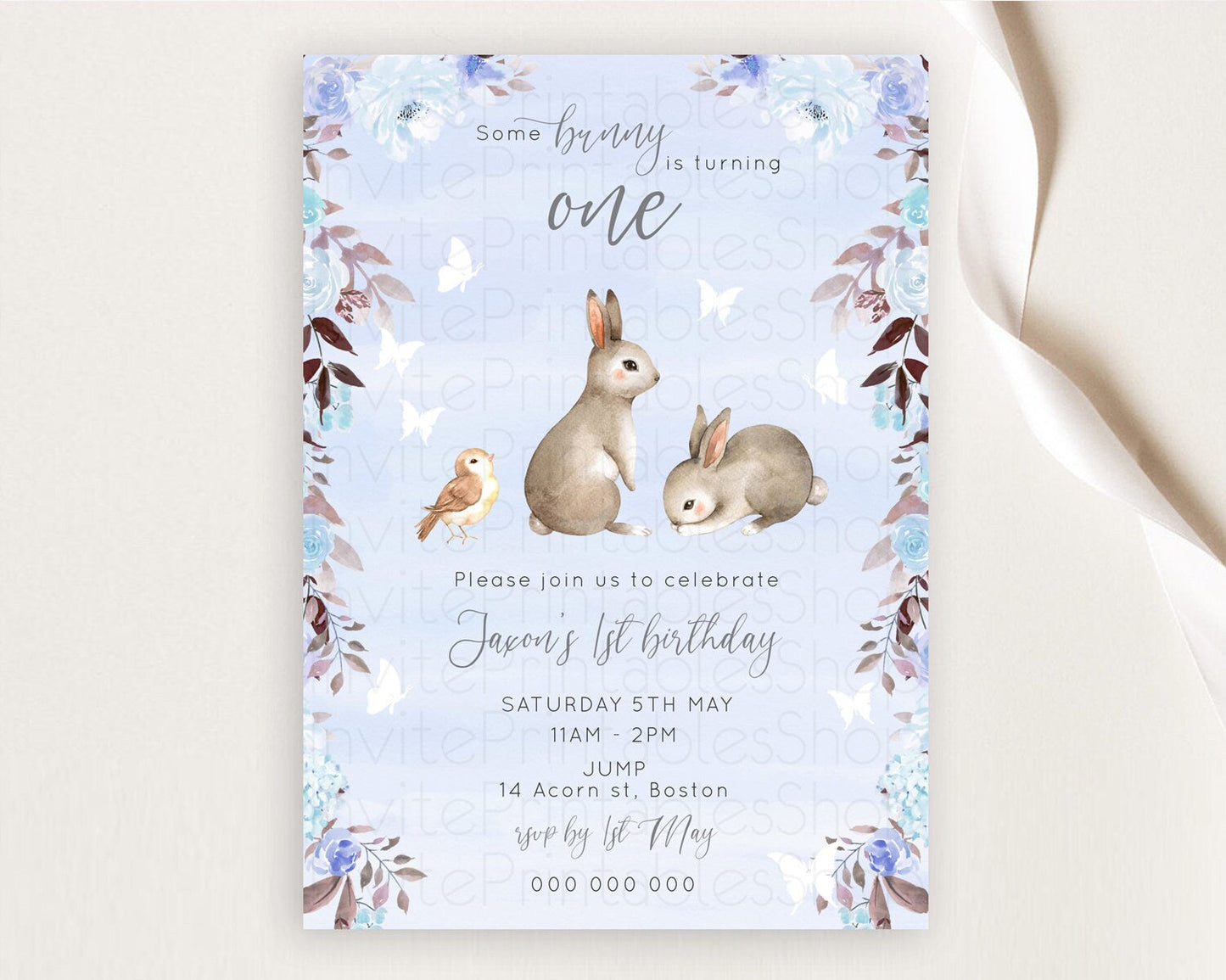 Bunny Birthday Invitation Floral Bunny Invitation Pastel Bunny Invites Pastel Watercolor Woodland Bunny Party 2nd 1st First Birthday D10923