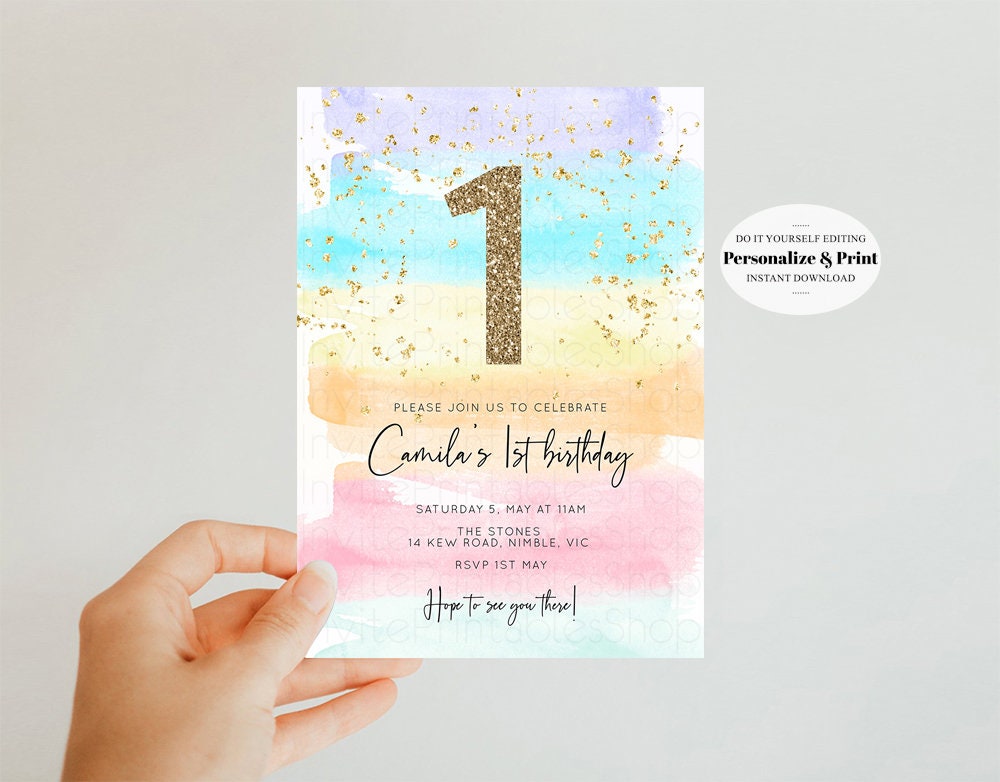 Rainbow Birthday Invitation Pastel Birthday Invitation Colorful Watercolor Invite Ombre Pastel Invitation Gold Glitter Sprinkles Invite t525