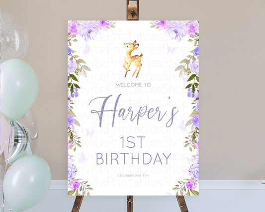 Fawn Welcome Sign Deer Welcome Board Floral Deer Welcome Poster Enchanted Forest Butterfly Pastel Floral First Birthday Welcome Sign D10916