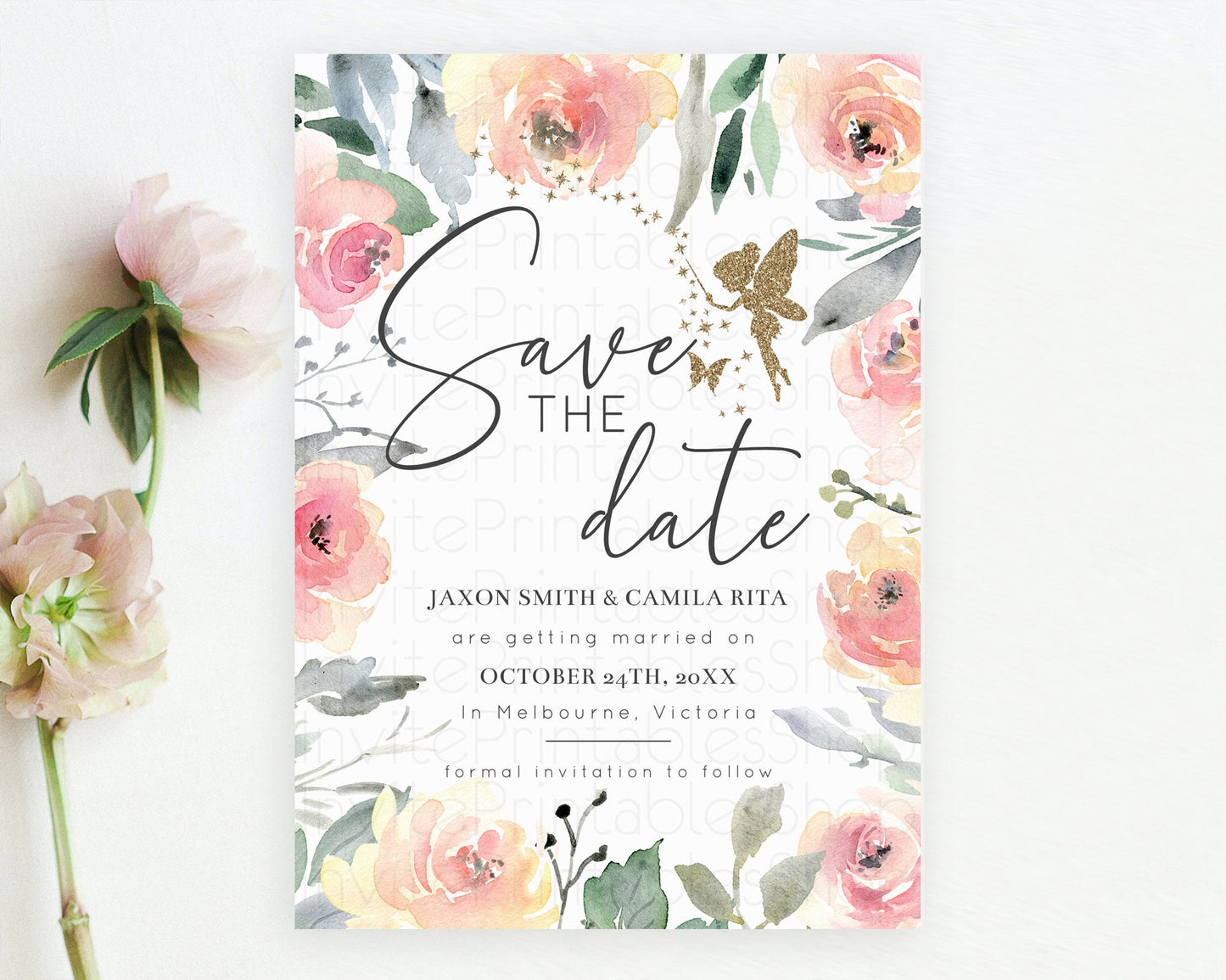 Fairy Save The Date Template Enchanted Garden Pastel Floral Butterfly Party Secret Garden Birthday Baptism Baby Shower Bridal Shower D10779