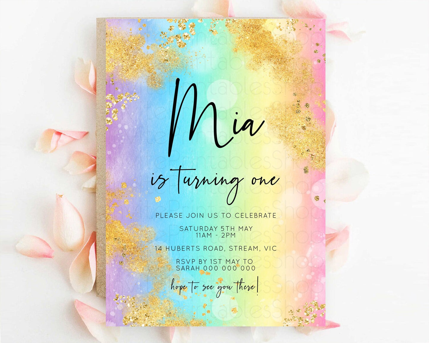 Rainbow Birthday Invitation Colorful Pastel Watercolor Invitation Gold Glitter Sprinkles Ombre Pastel 1st 2nd 3rd Birthday D10559