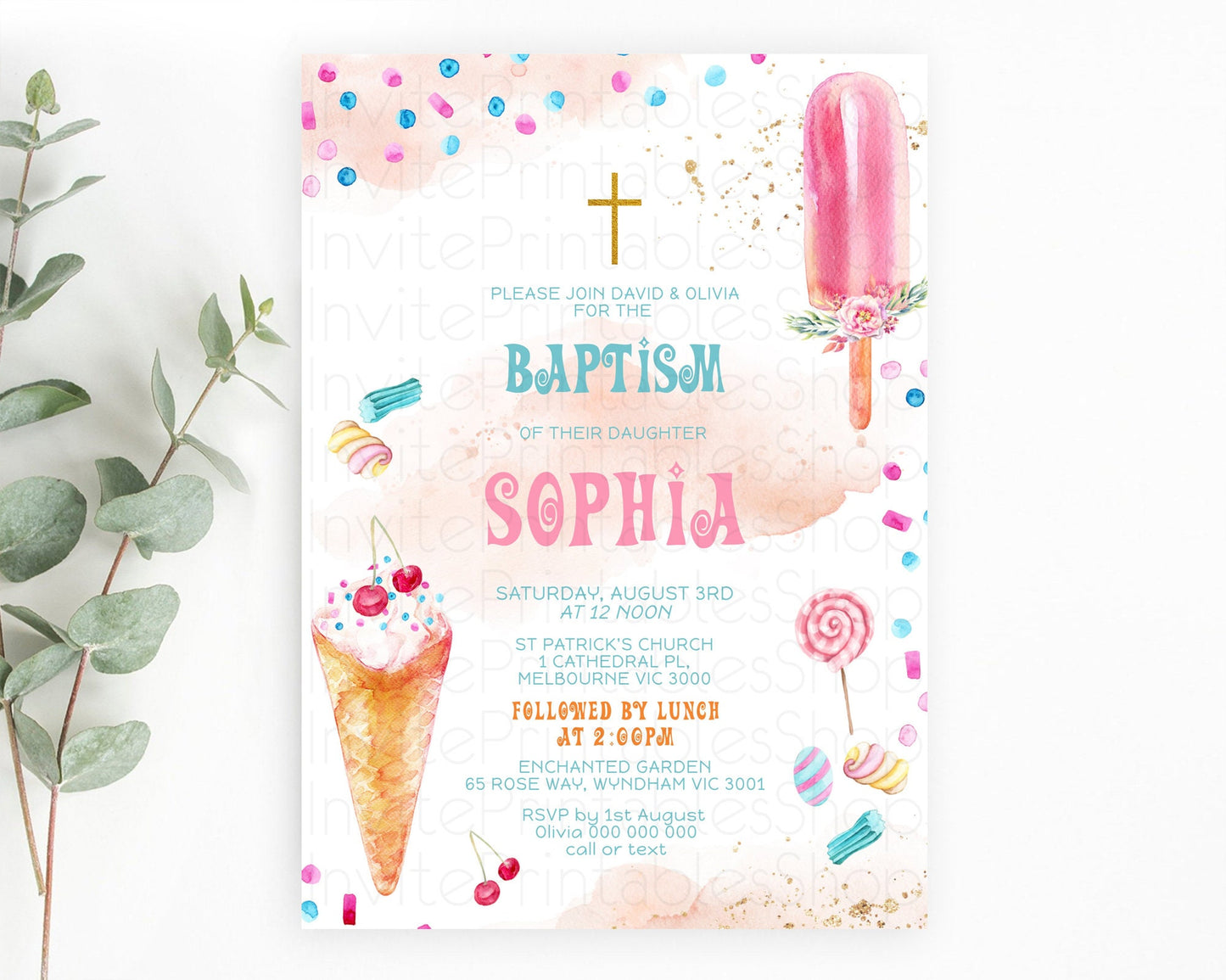 Ice Cream Baptism Invitation Sweet One 1st Birthday Baptism Invitation Pastel Heres The Scoop Christening Invite Two Sweet One Theme D10554