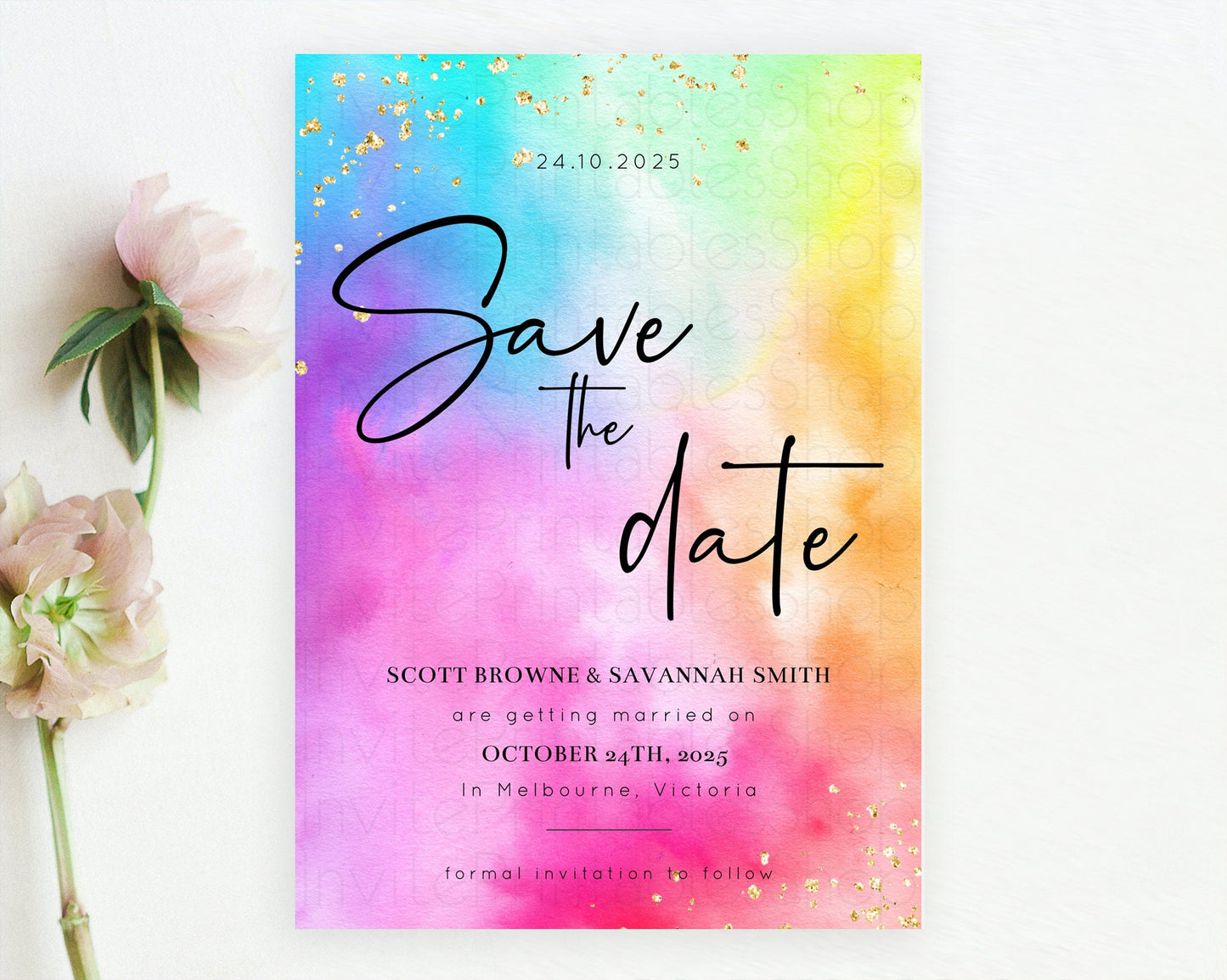 Tie Dye Save The Date Template Rainbow Pastel Ombre Watercolor Party For 1st Birthday Baptism Baby Shower Bridal Shower Wedding D10456