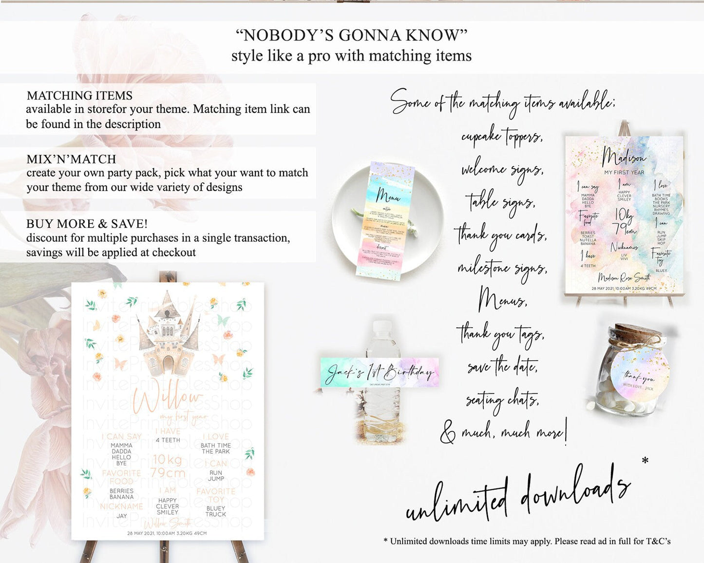 Princess First Birthday Milestone Poster Castle Milestone Board Secret Garden Enchanted Castle Pastel Floral Garden First Birthday D10363