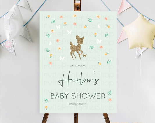 Fawn Baby Shower Welcome Sign Deer Welcome Board Floral Deer Welcome Poster Enchanted Forest Butterfly Pastel Floral Welcome Sign D10385