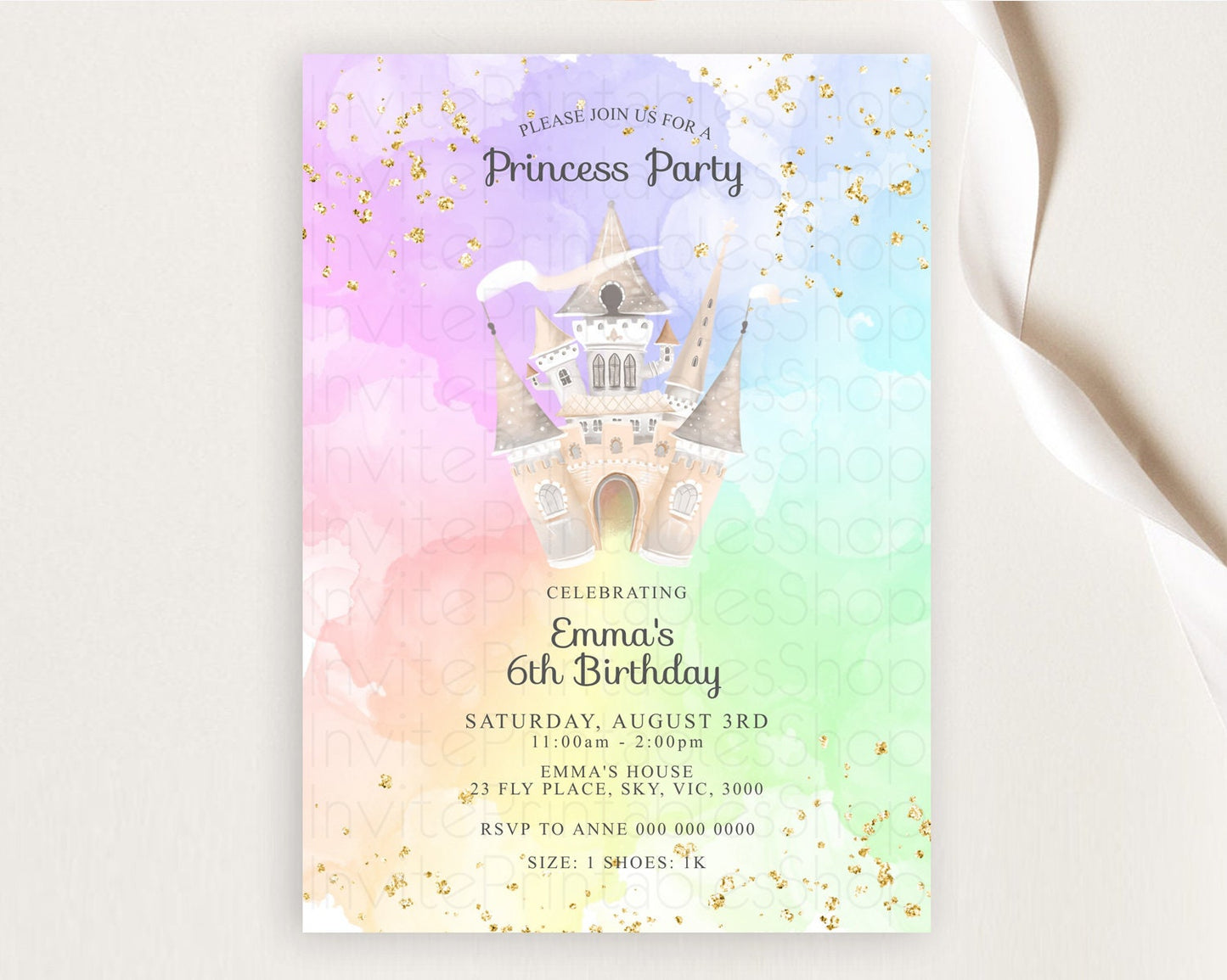 Princess Birthday Invitation Princess Invitation Pastel Invitation Royal Birthday Rainbow Color Enchanted Castle 1st First Birthday D10683