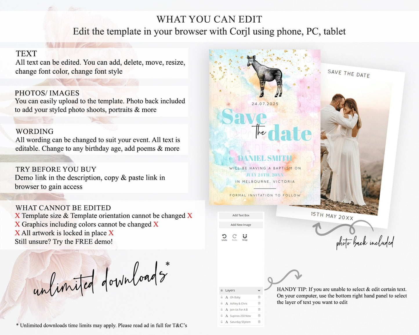 Pastel Okapi Save The Date Template Rainbow Watercolor Okapi Party Save The Date Colorful Okapi Theme Birthday Baptism Baby Shower D10282