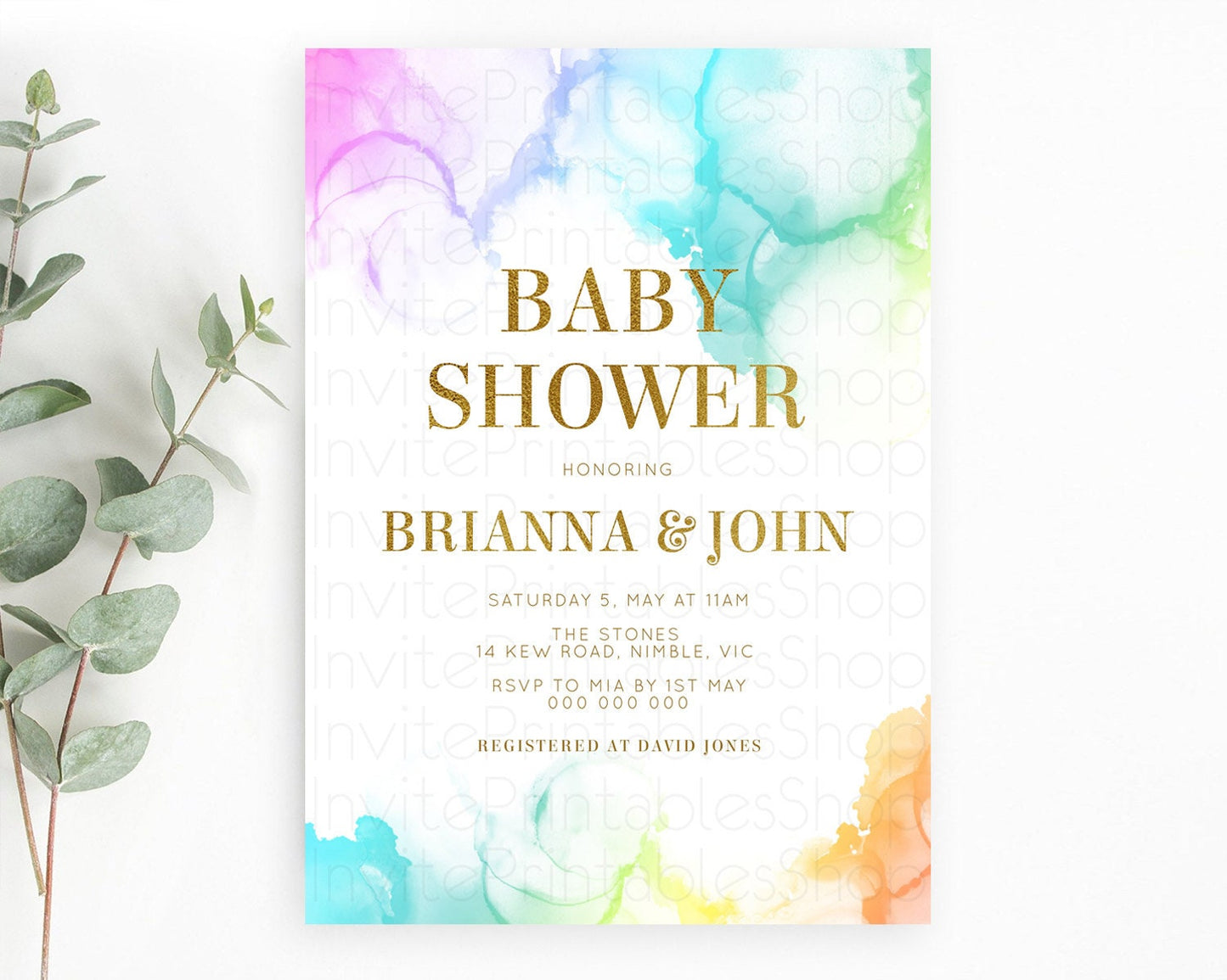 Pastel Rainbow Baby Shower Invitation, Gender Reveal Colorful Watercolor with Gold Glitter Sprinkles, Ombre Blue, Pink, Orange D10181
