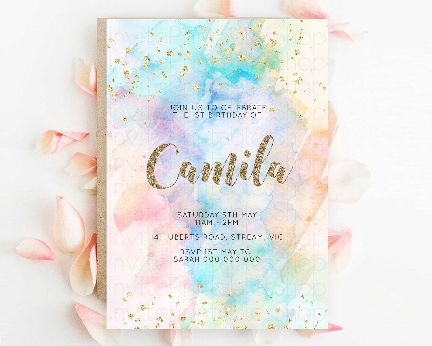 Rainbow Birthday Invitation Colorful Pastel Watercolor Invitation Gold Glitter Sprinkles Ombre Pastel 1st 2nd 3rd Birthday D10261