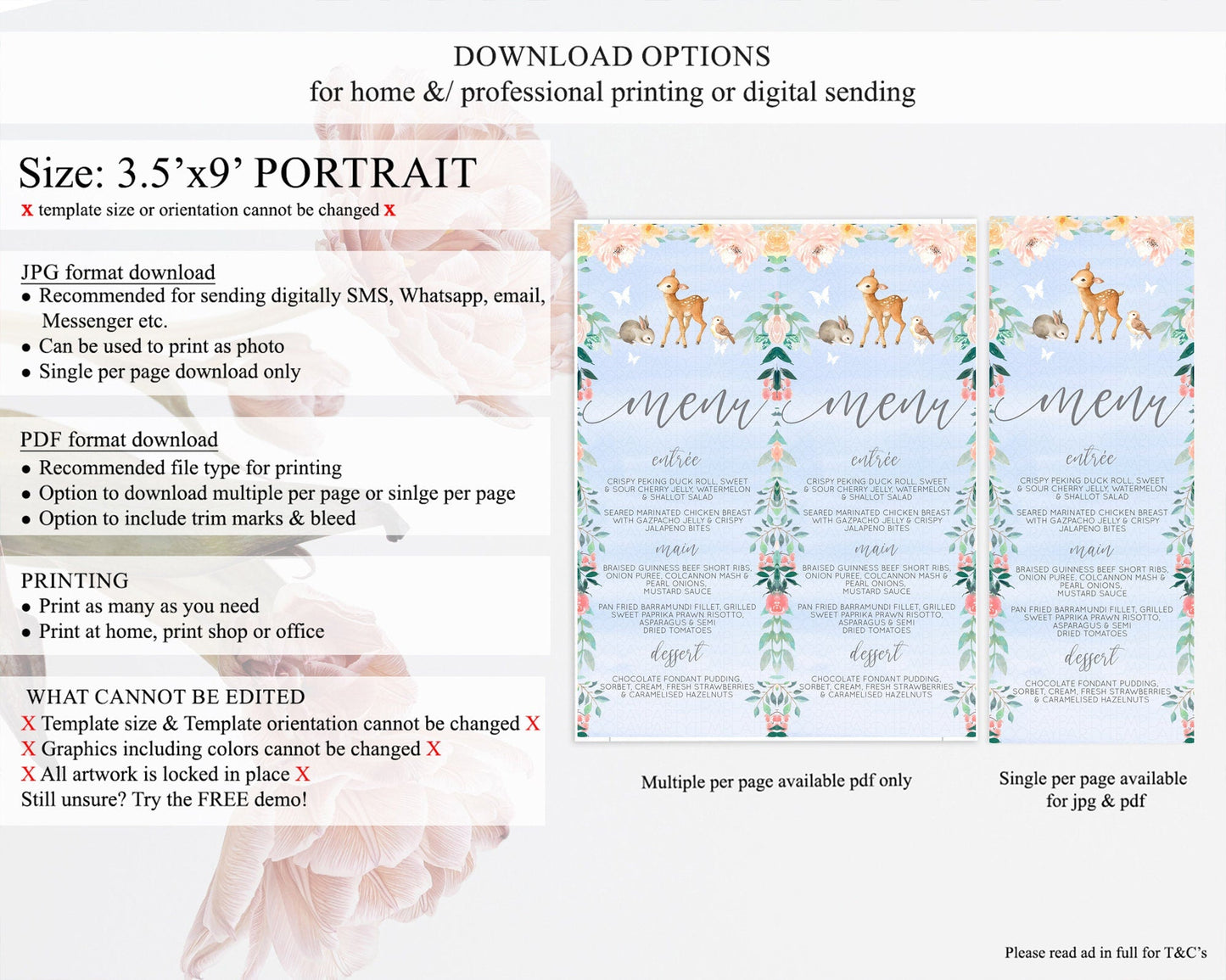 Fawn Menu Deer Menu Template Pastel Floral Deer Table Decor Enchanted Forest Butterfly Floral Dinner Dessert Menu Party Food Menu D10920