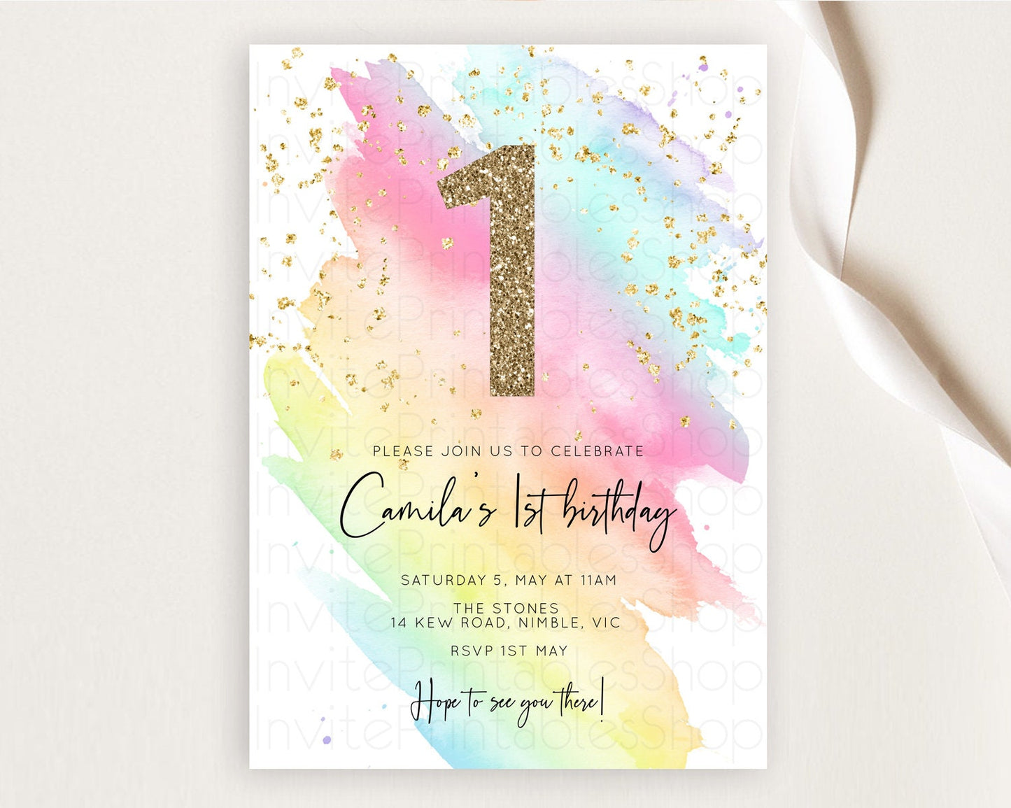 Rainbow Birthday Invitation Colorful Pastel Watercolor Invitation Gold Glitter Sprinkles Ombre Pastel 1st 2nd 3rd Birthday D10495