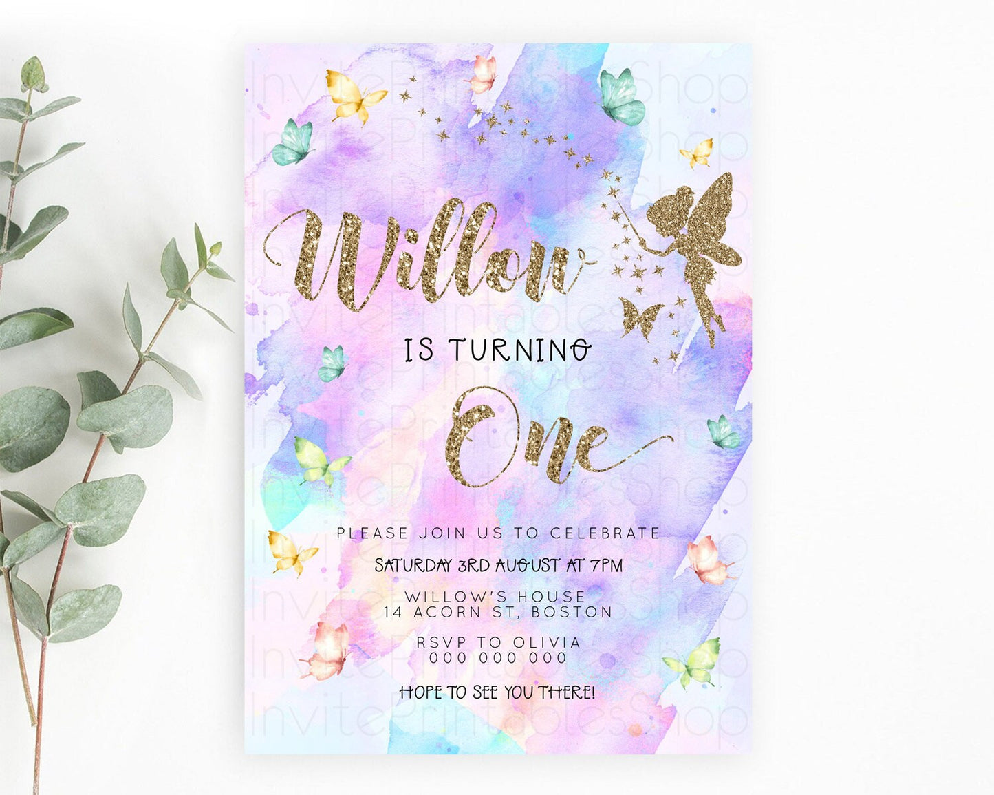 Pastel Fairy Birthday Invitation Pastel Butterflies Fairy Birthday Invitation Rainbow Ombre Watercolor 1st 2nd Birthday Invitation D23346