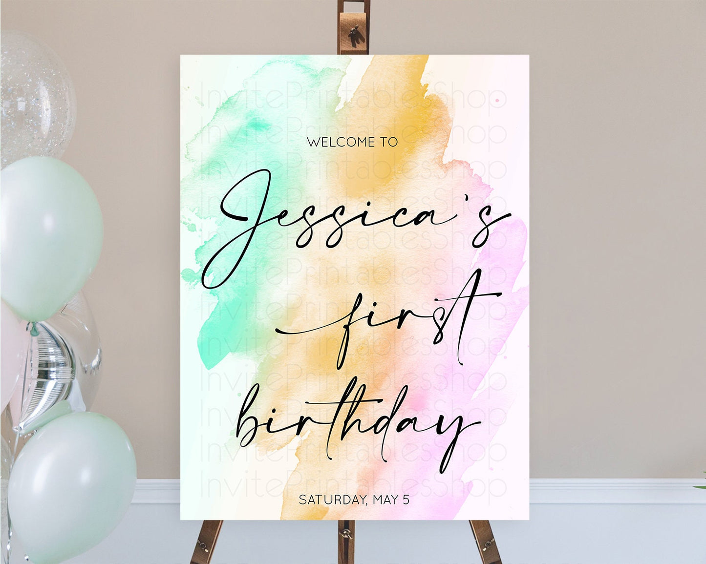 Pastel Welcome Sign Pastel Rainbow Welcome Sign Colorful Rainbow Confetti Watercolor Glitter Pastel First Birthday Welcome Sign D10962