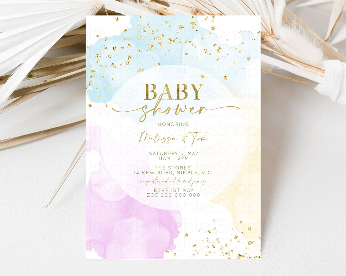 Rainbow Baby Shower Invitation Pastel Colors Invitation Watercolor Splash Baby Shower Gold Splatter Glitter Sprinkles Confetti Neutral 190V2