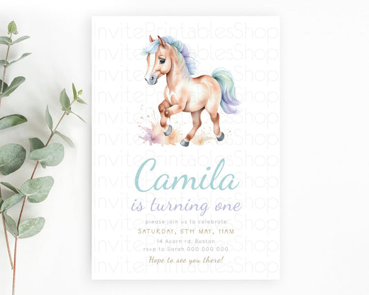 Horse Birthday Invitation, Galloping Wildflower Fields, Pastel Flowers, Butterflies, Flowers Accents for Equestrian & Cowgirls d23377