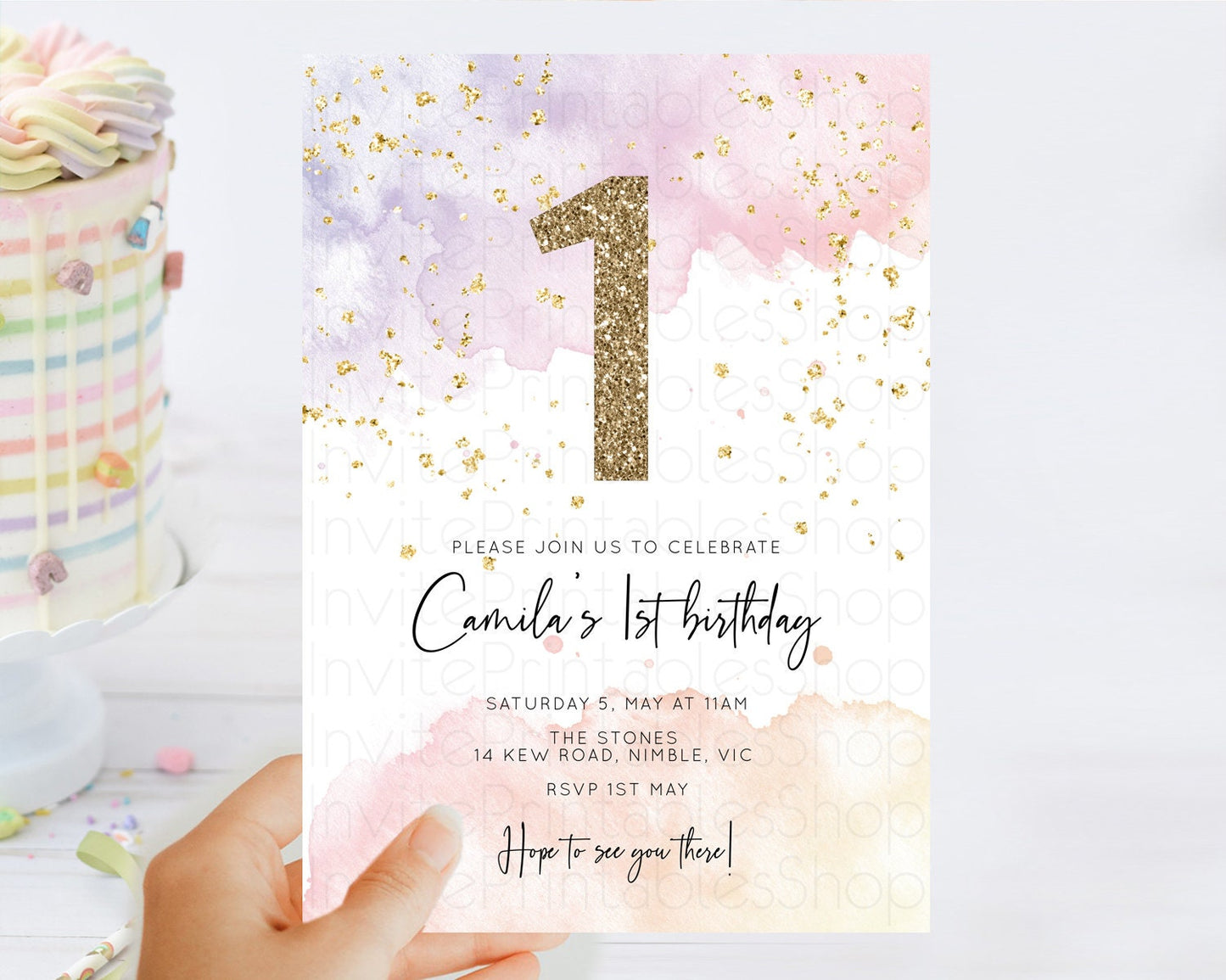 Rainbow Birthday Invitation Colorful Pastel Watercolor Invitation Gold Glitter Sprinkles Ombre Pastel 1st 2nd 3rd Birthday D10327