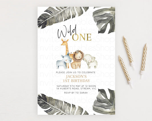 Safari Birthday Invitation Lion Gorilla Elephant Rhino Tropical Palm Jungle Safari Adventure Zoo Party Animal 2nd 1st First Birthday D10599