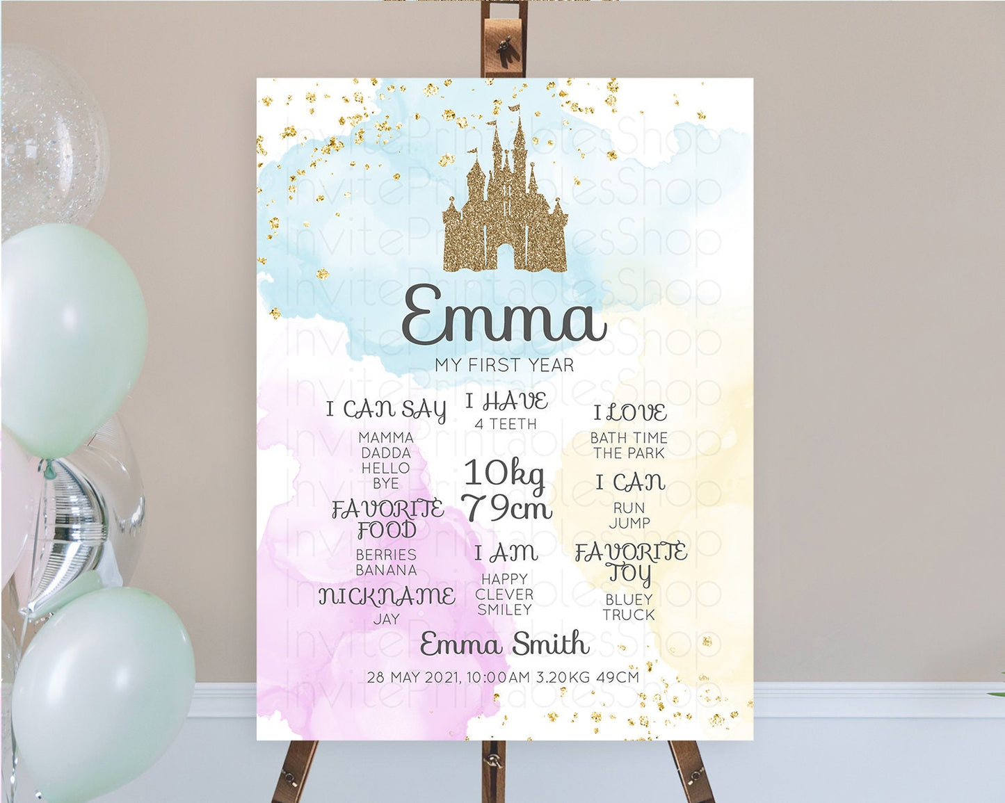 Princess First Birthday Milestone Poster Pastel Princess Milestone Board Pastel Rainbow Colorful Enchanted Castle 1st Birthday Sign D10154