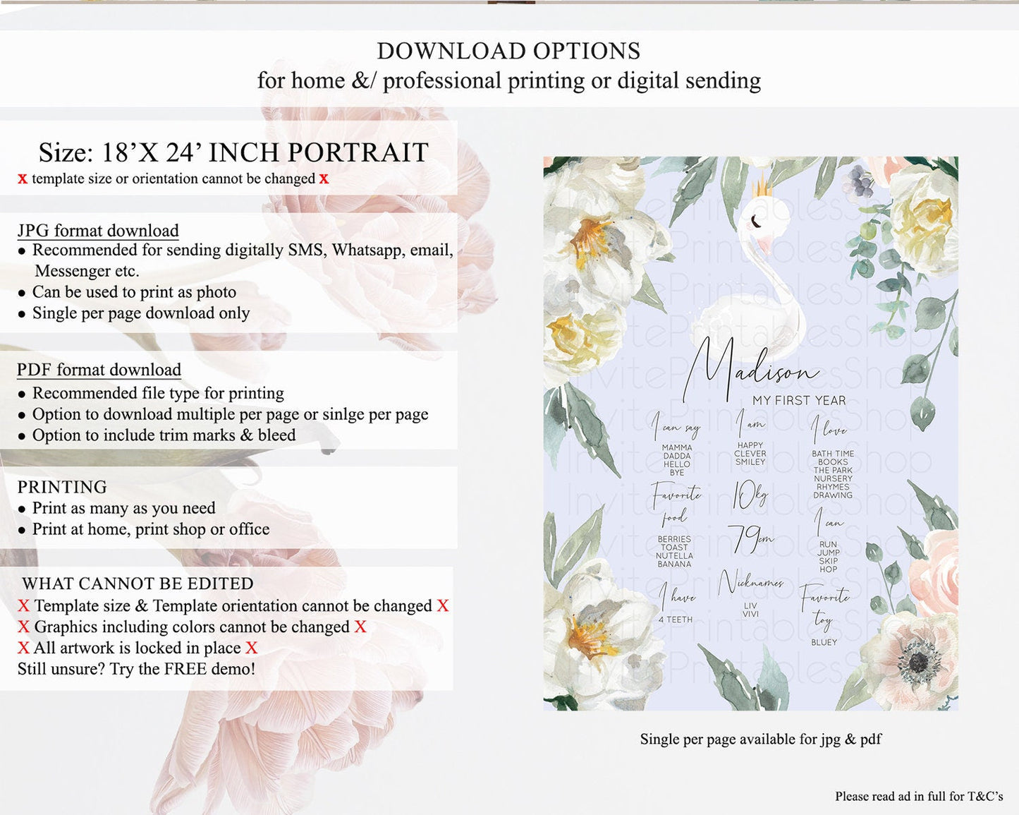 Swan First Birthday Milestone Poster Swan Princess Ballet Milestone Board Enchanted Forest Swan Lake Secret Garden Pastel Floral D10756
