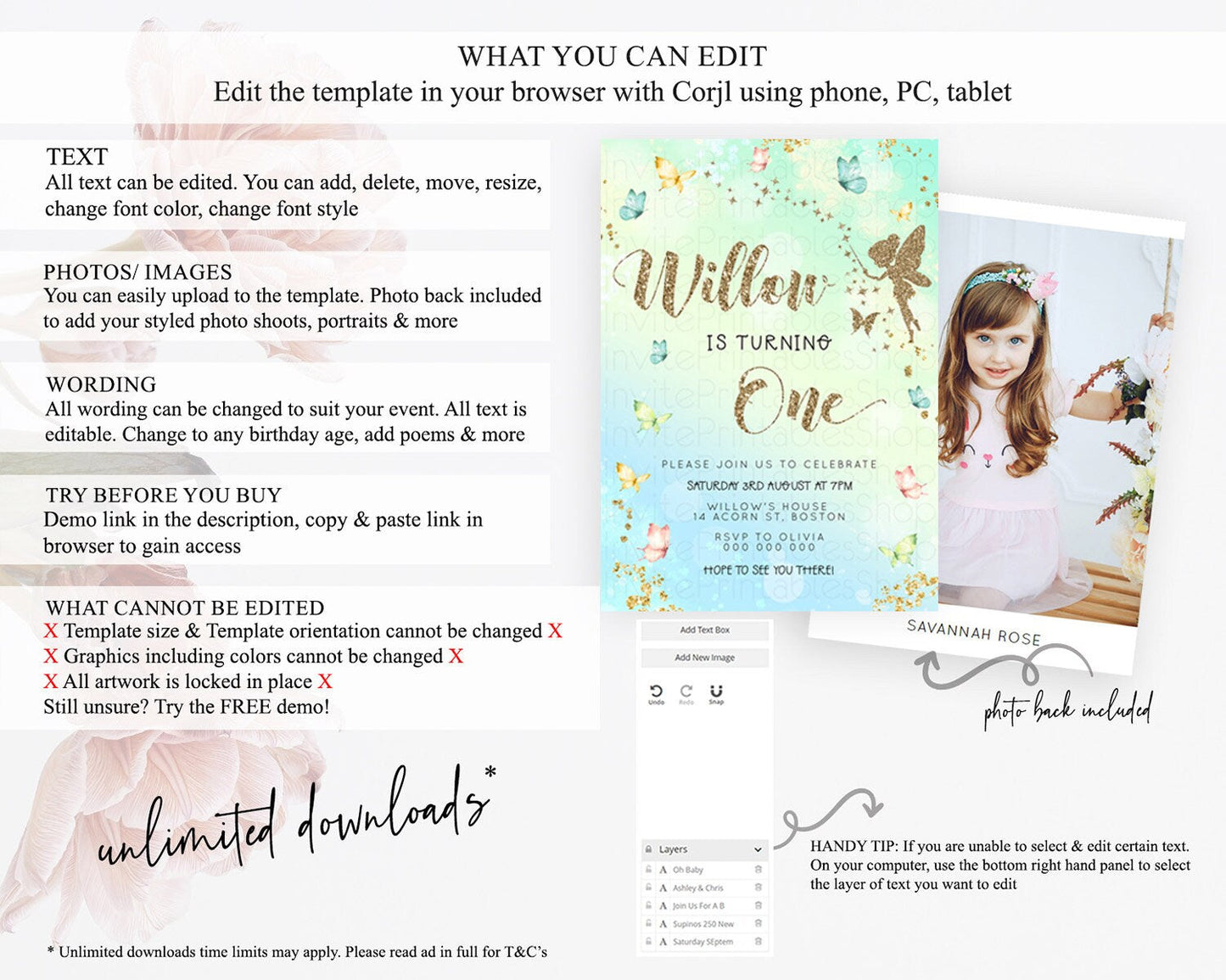 Pastel Fairy Birthday Invitation Pastel Butterflies Fairy Birthday Invitation Rainbow Ombre Watercolor 1st 2nd Birthday Invitation D23150