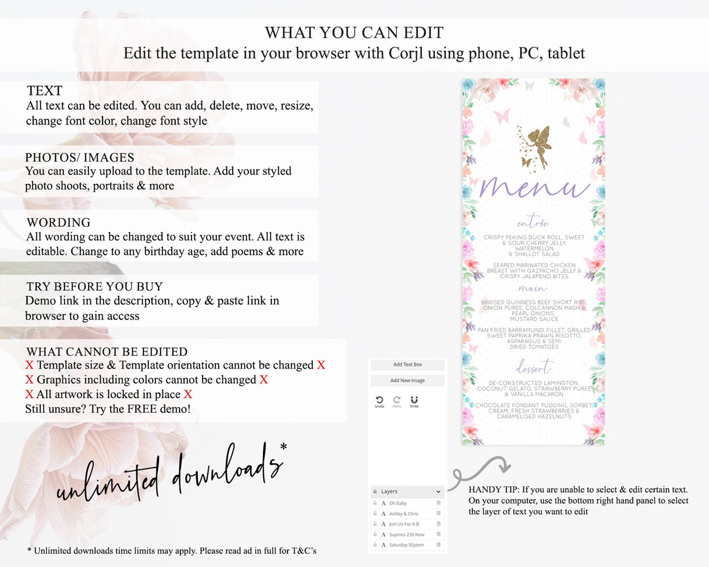 Fairy Menu Fairy Menu Template Enchanted Garden Pastel Floral Butterfly Table Decor Fairy Secret Garden Dinner Dessert Food Menu D10126