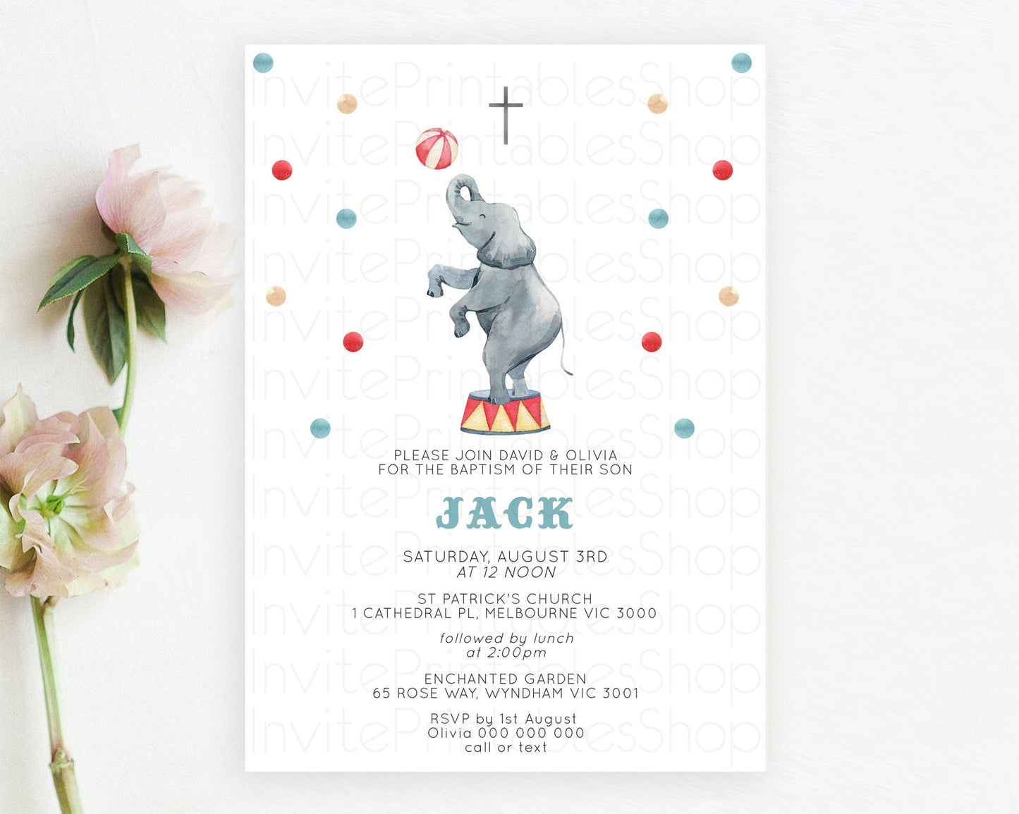 Circus Baptism Invitation Carnival Baptism 1st Birthday Invitation Clown Circus Lion Christening Invitation Circus Tent Elephant D10461