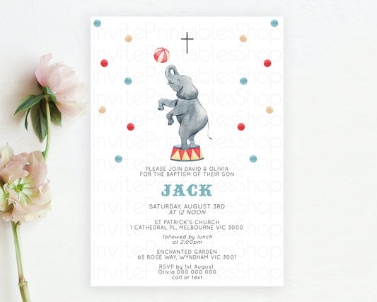 Circus Baptism Invitation Carnival Baptism 1st Birthday Invitation Clown Circus Lion Christening Invitation Circus Tent Elephant D10461