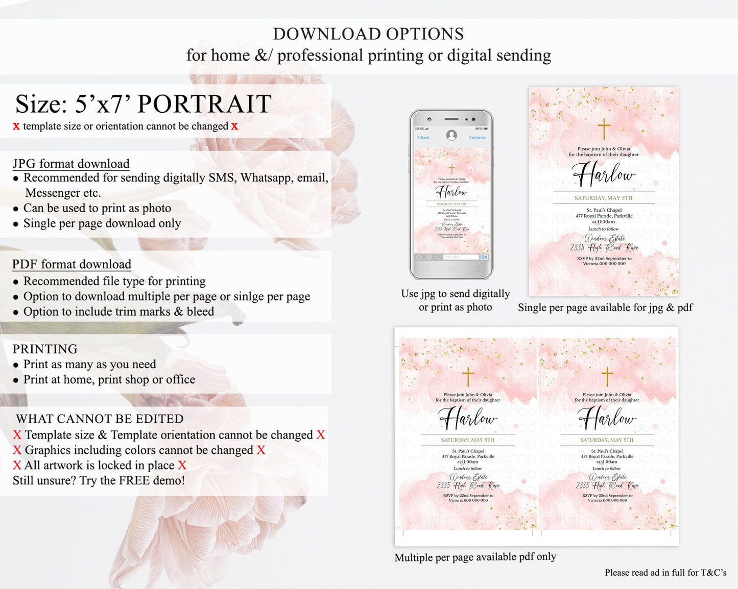 Pink Baptism Invitation Pink Watercolor Baptism 1st Birthday Invitation Pastel Pink Watercolor Christening Invite Pink Splash D10328