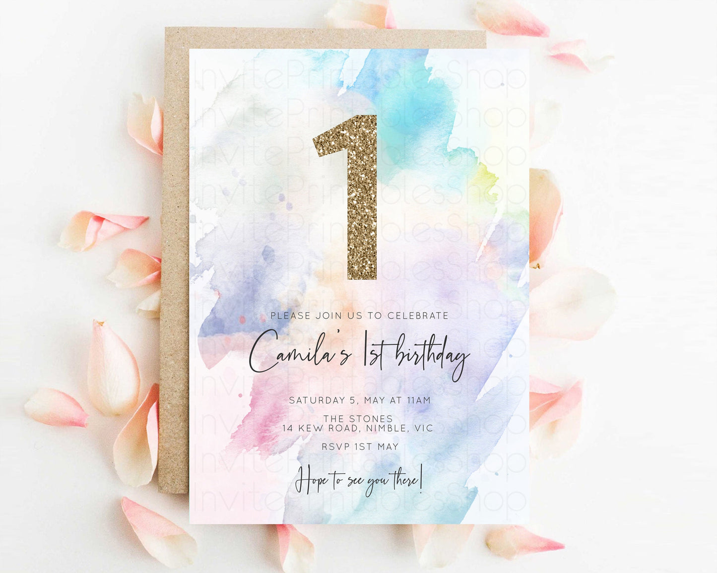 Rainbow Birthday Invitation Pastel Birthday Invite Ombre Watercolor Invite Enchanted Theme Colorful Splash Glitter Sprinkles 1st 2nd 3rd